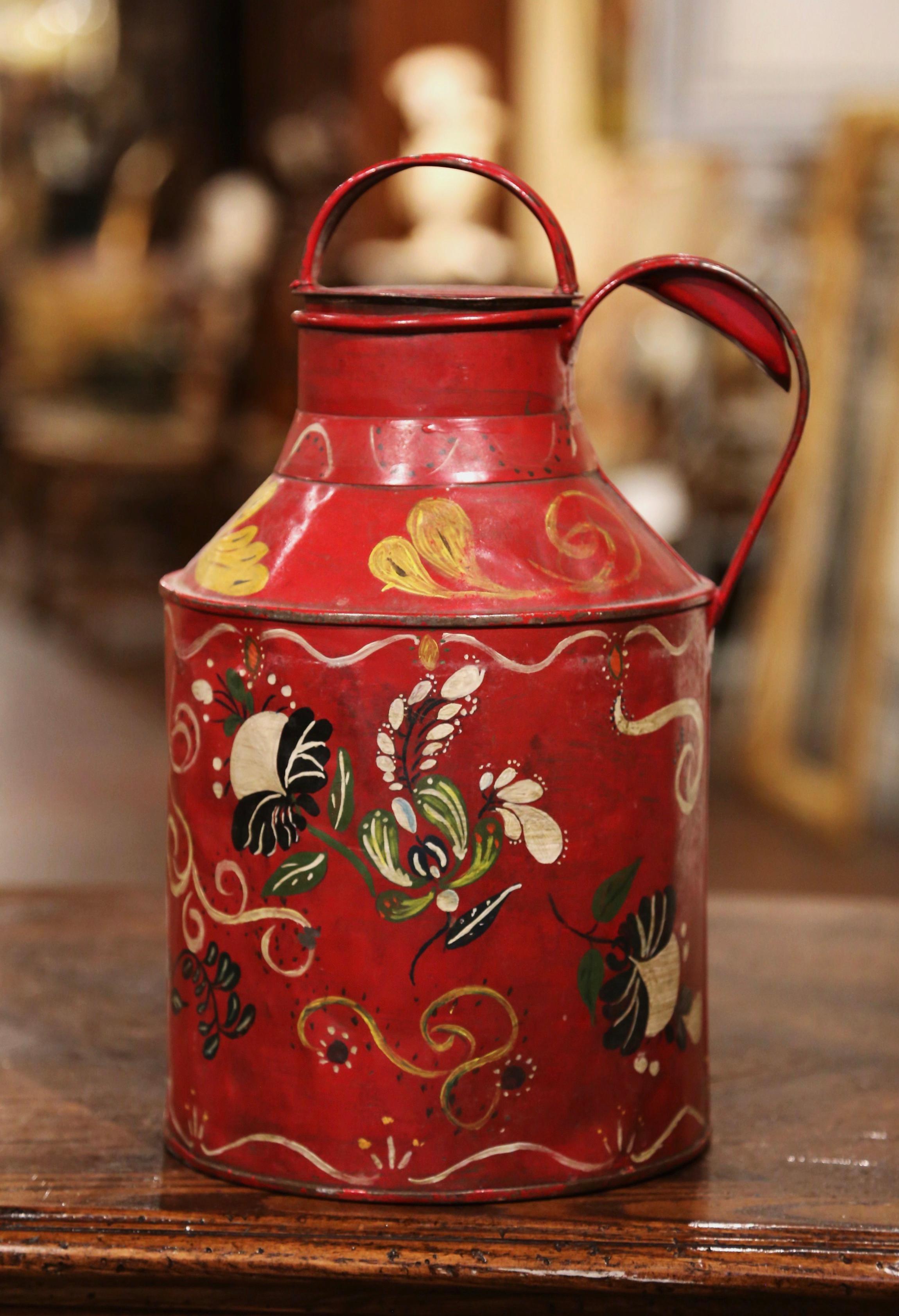 Early 20th Century French Tole Milk Can with Hand Painted Foliage Motifs 1