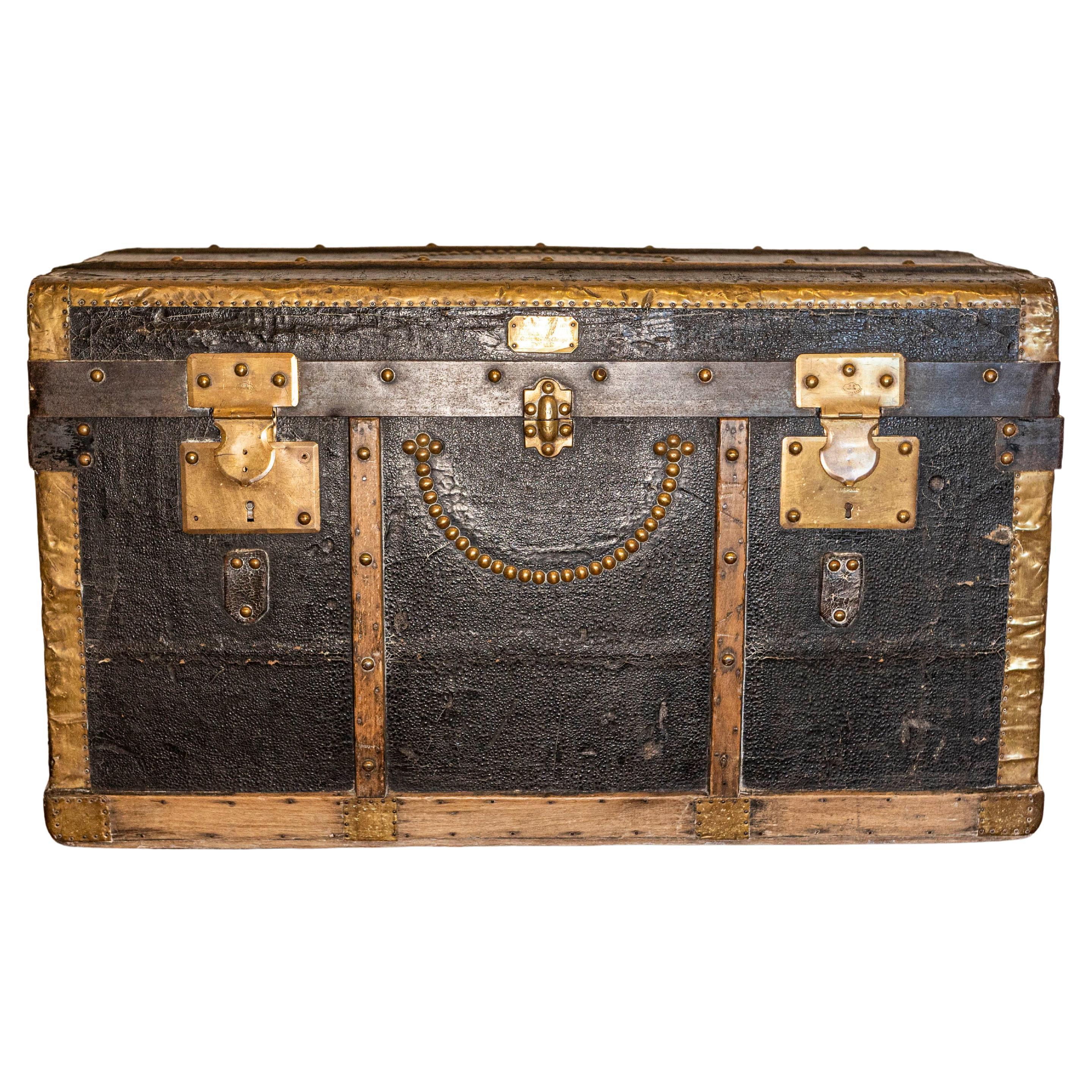 Early 20th-Century French Travel Trunk with Brass Hardware