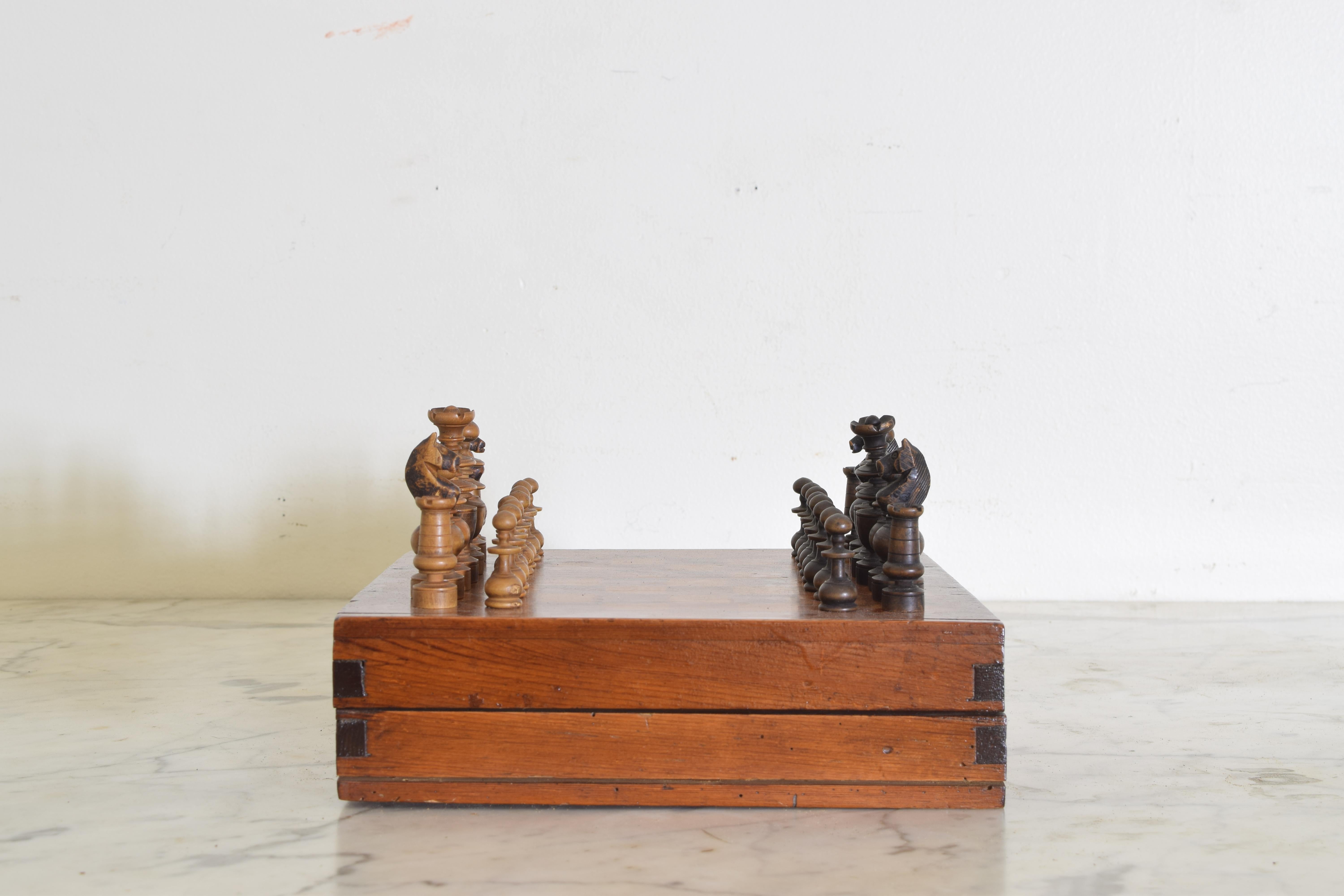 Folk Art Early 20th Century French Traveling Chess Set Game Box