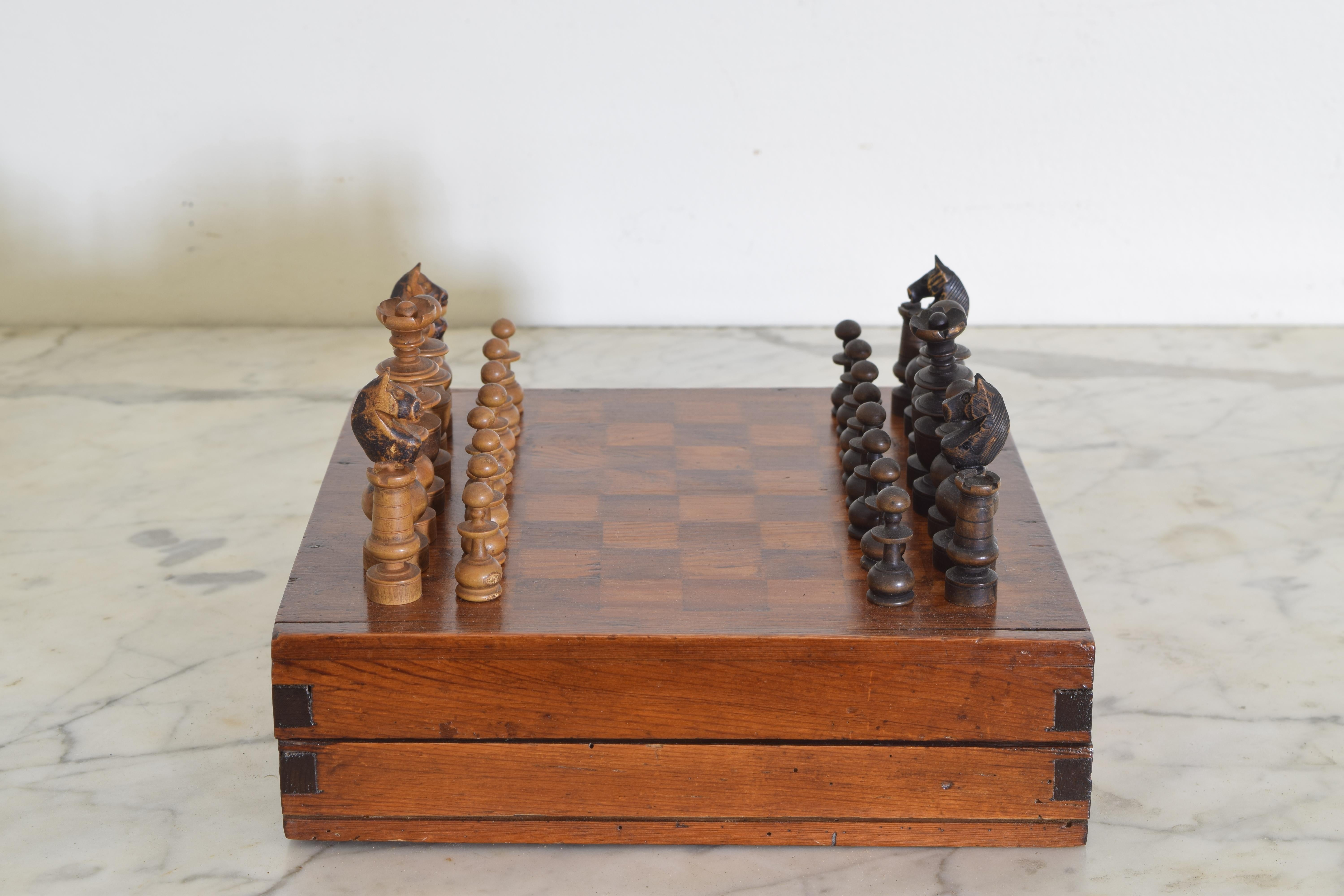 Carved Early 20th Century French Traveling Chess Set Game Box