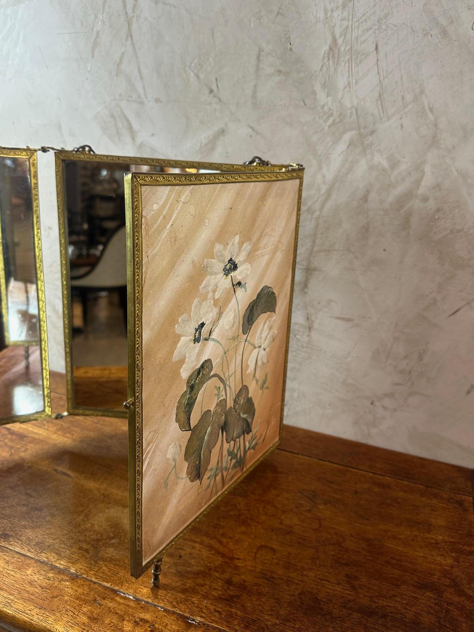 Miroir triptyque français du début du 20e siècle en bronze et peinture, années 1920 Bon état - En vente à LEGNY, FR