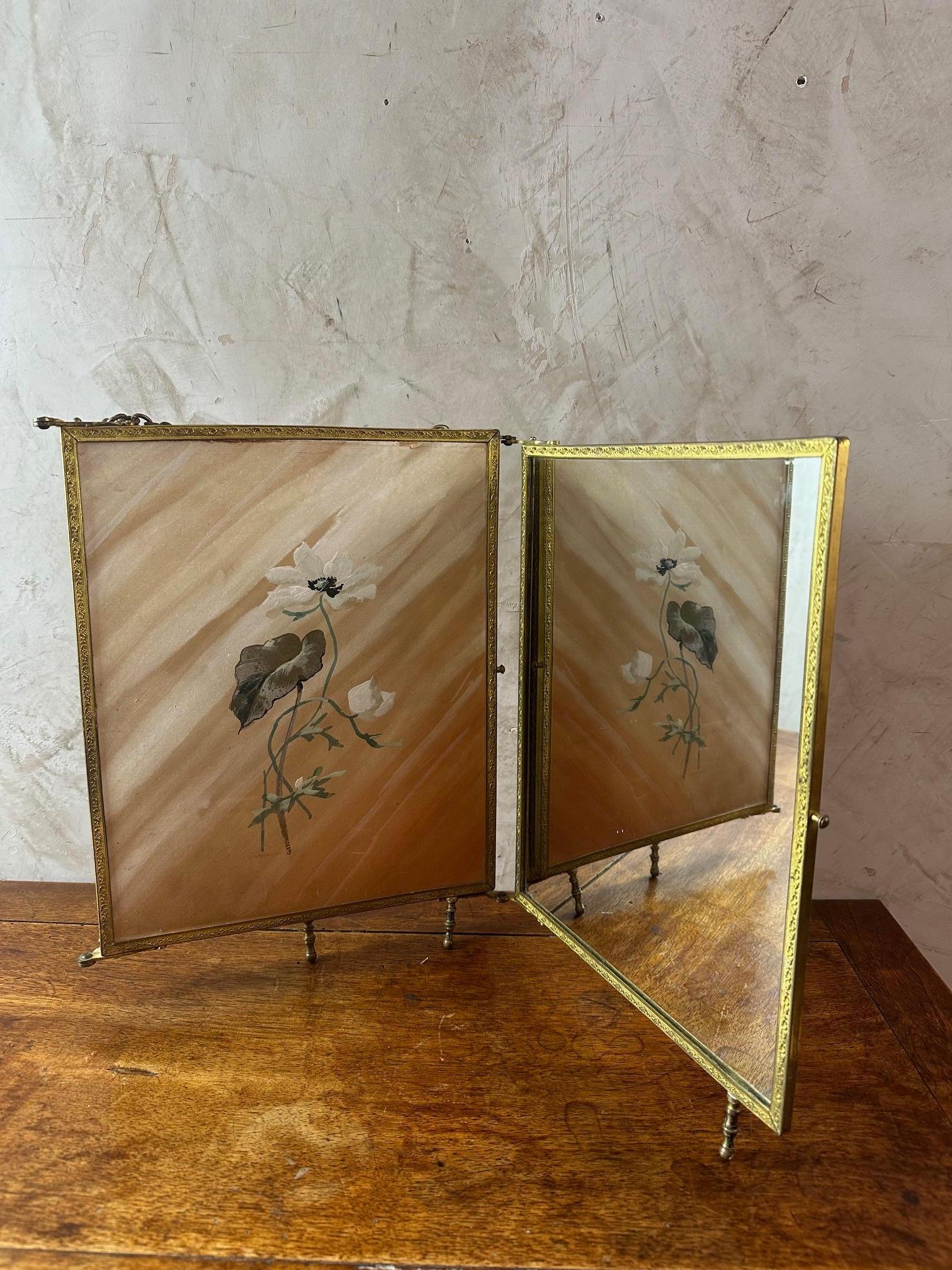 Bronze Miroir triptyque français du début du 20e siècle en bronze et peinture, années 1920 en vente