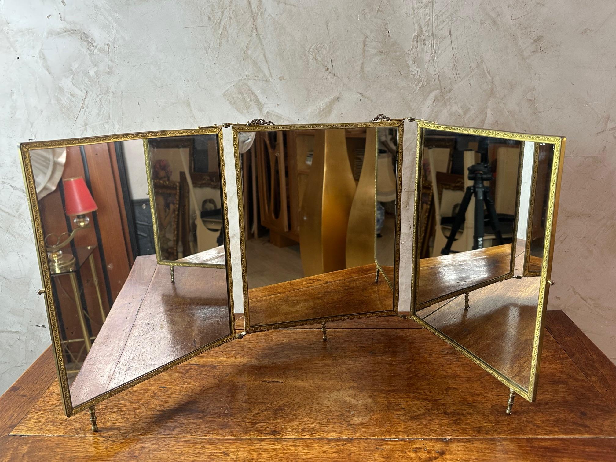 Miroir triptyque français du début du 20e siècle en bronze et peinture, années 1920 en vente 1