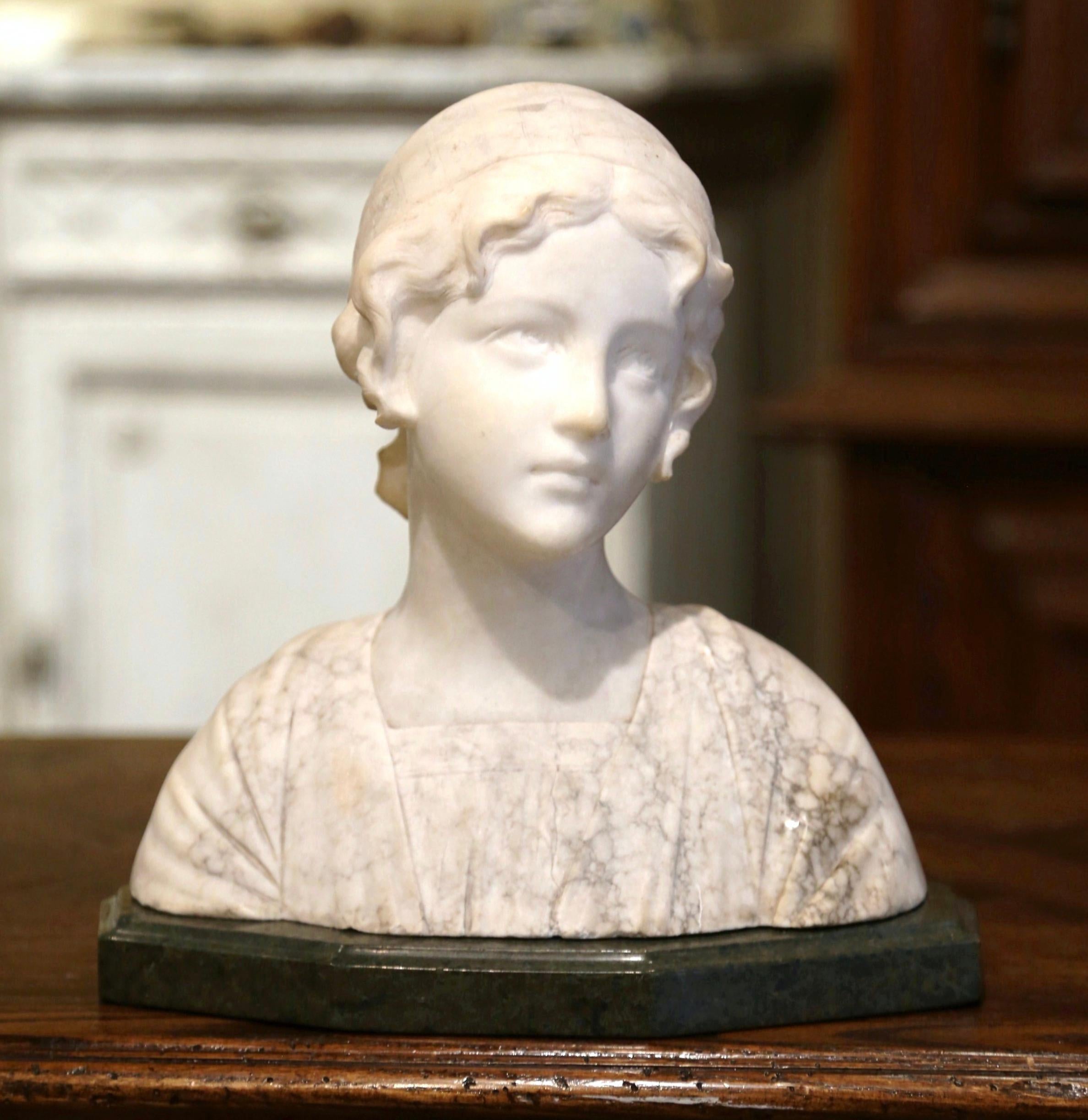 Patinated Early 20th Century French Two-Piece Marble Bust Sculpture of Young Beauty
