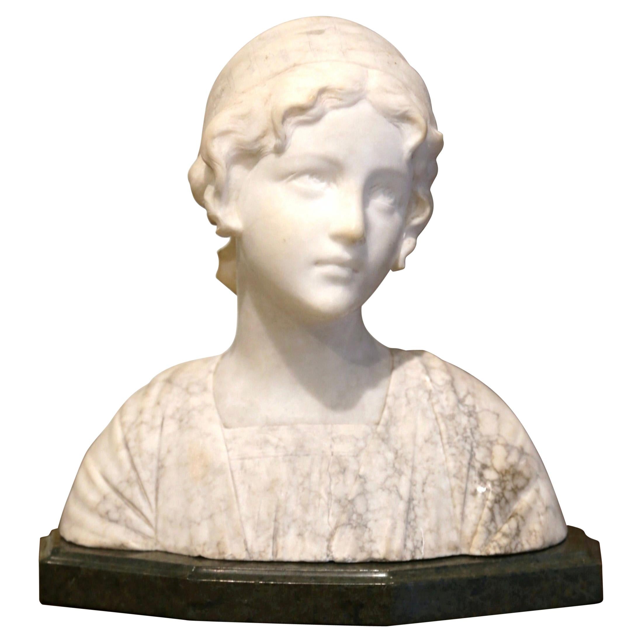 Early 20th Century French Two-Piece Marble Bust Sculpture of Young Beauty