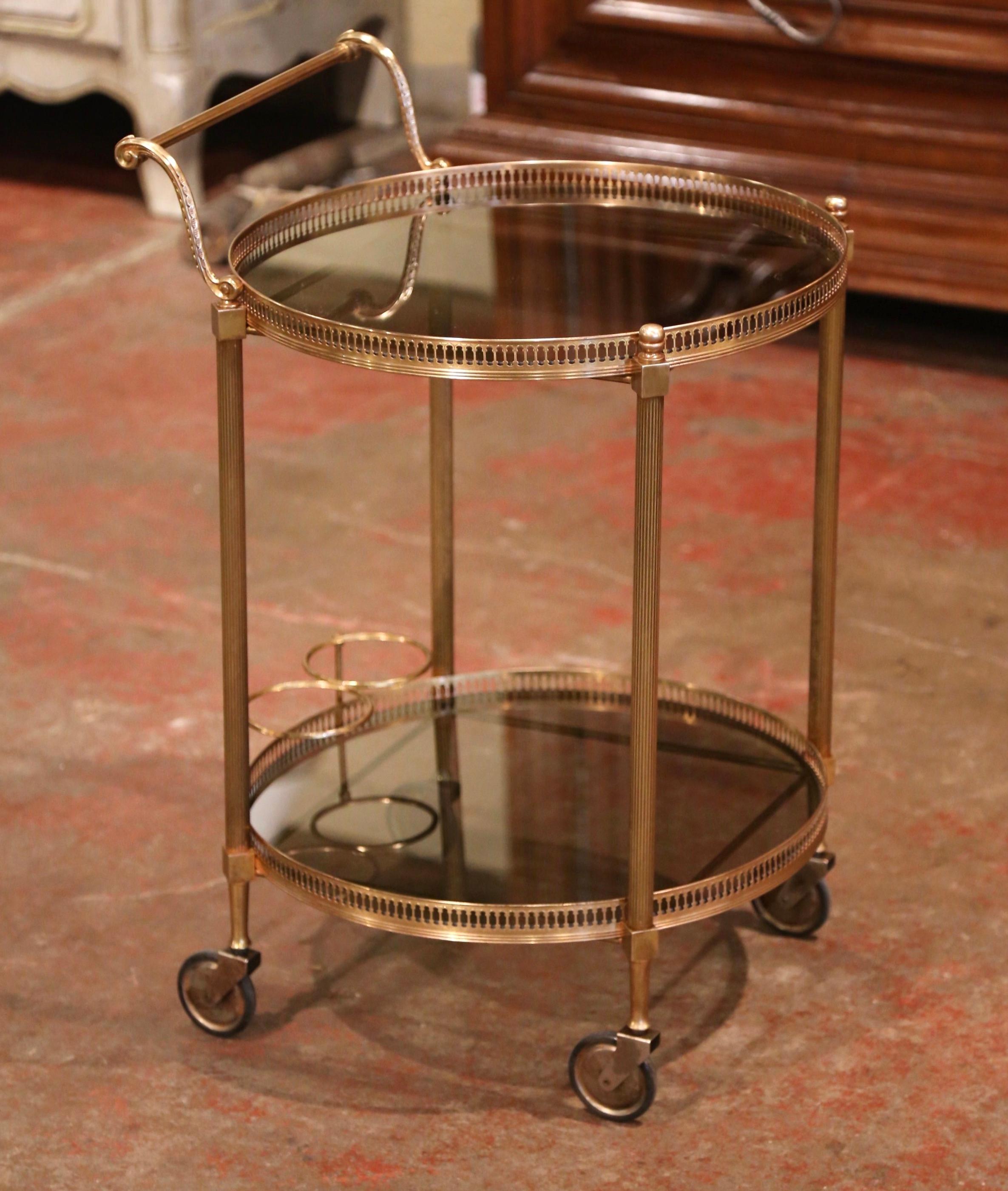 Early 20th Century French Two-Tier Brass Desert Table or Tea Cart on Wheels In Excellent Condition In Dallas, TX