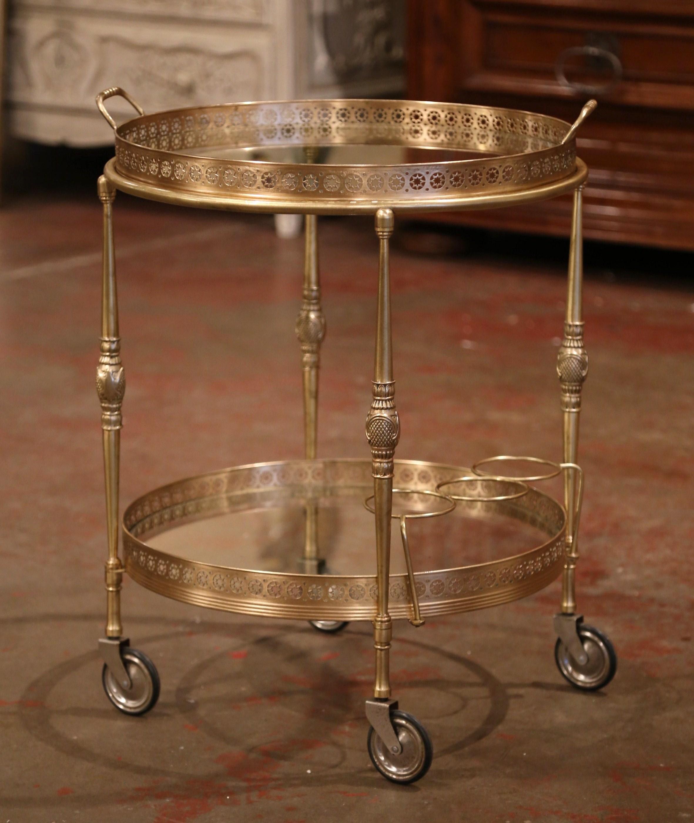 Early 20th Century French Two-Tier Brass Desert Table or Tea Cart on Wheels In Excellent Condition In Dallas, TX