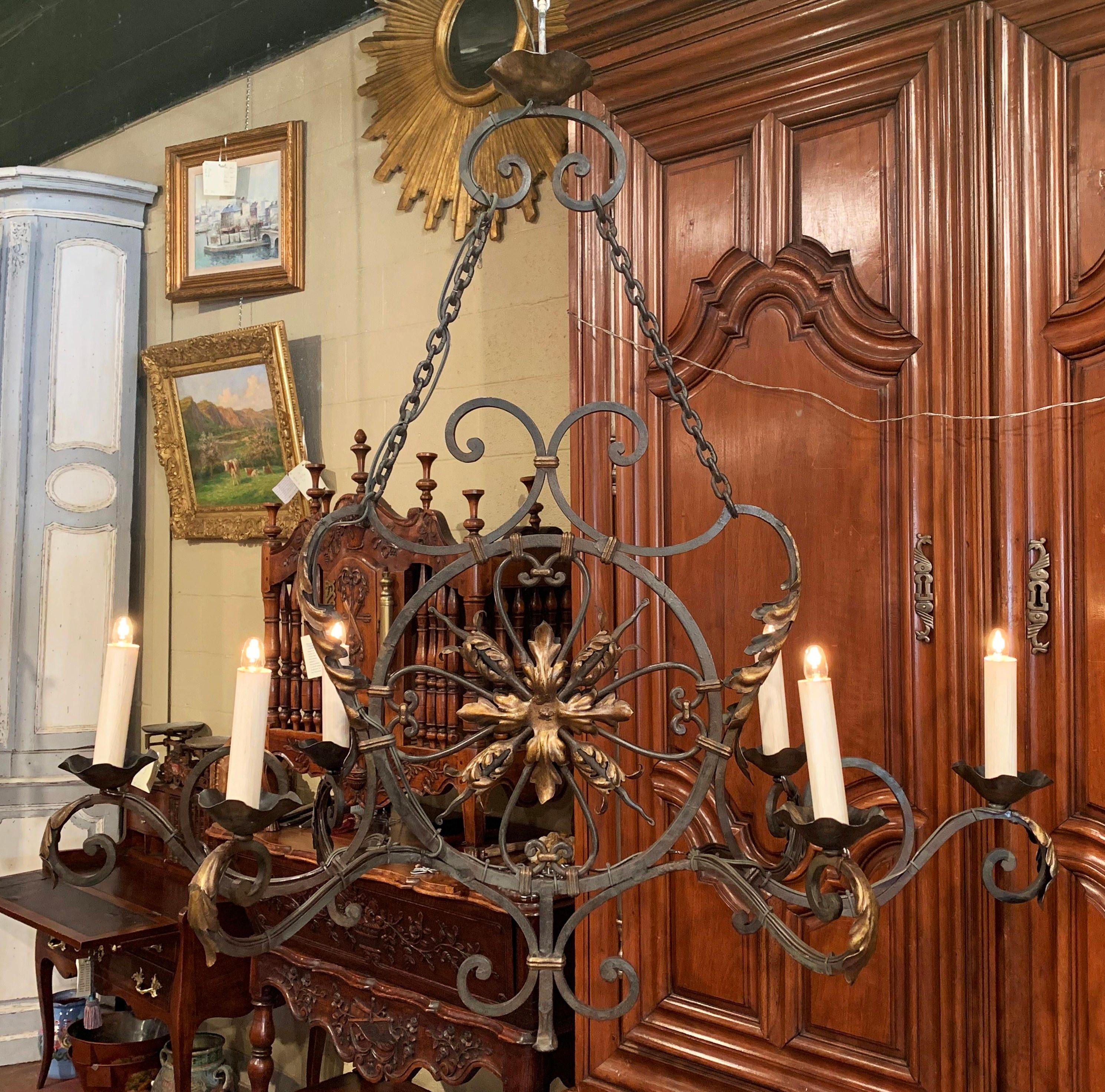 Early 20th Century French Verdigris and Gilt Six-Light Iron Chandelier 2