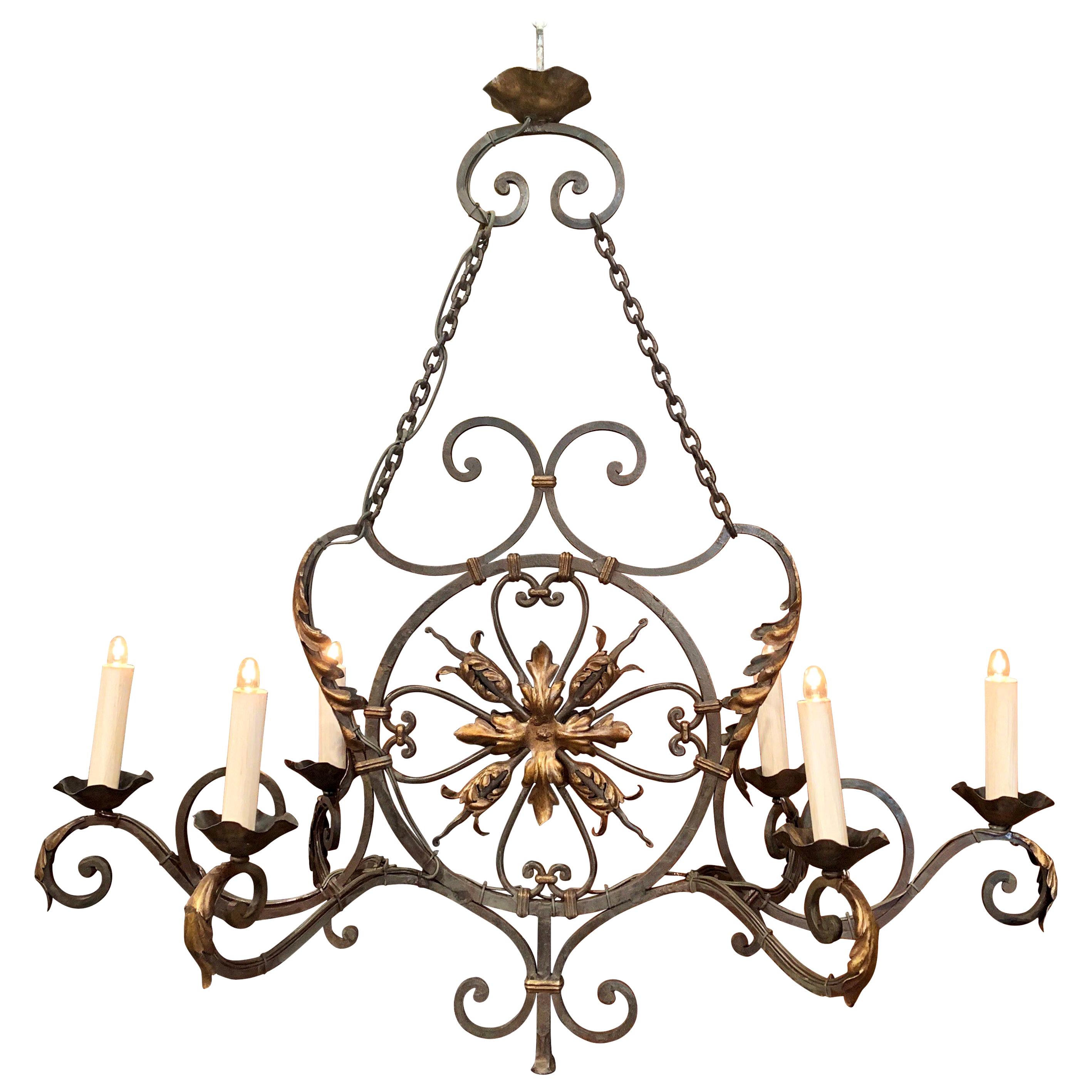 Early 20th Century French Verdigris and Gilt Six-Light Iron Chandelier