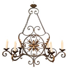 Early 20th Century French Verdigris and Gilt Six-Light Iron Chandelier