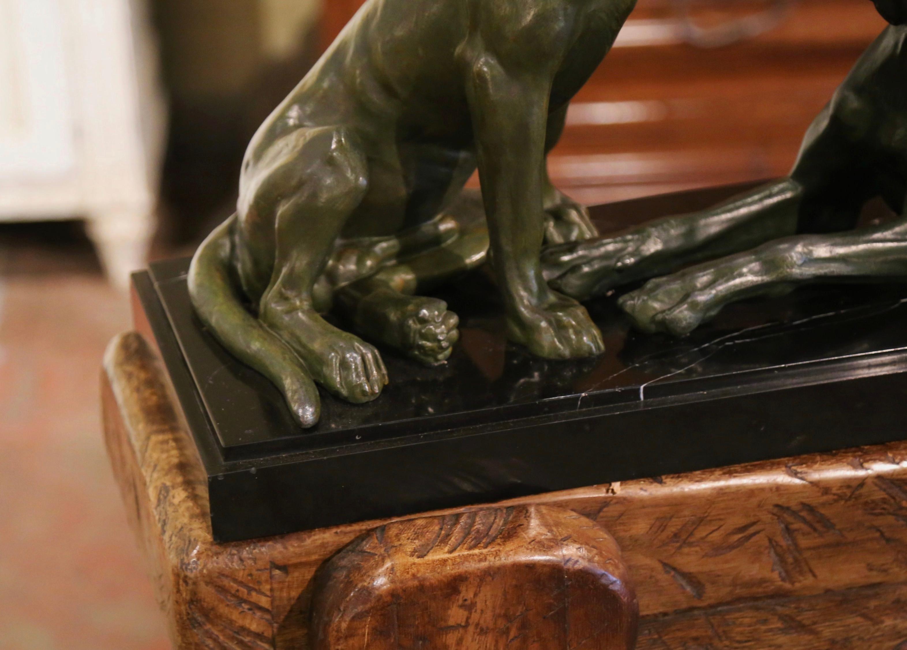 Early 20th Century French Verdigris Spelter & Marble Dog Sculpture Composition For Sale 1