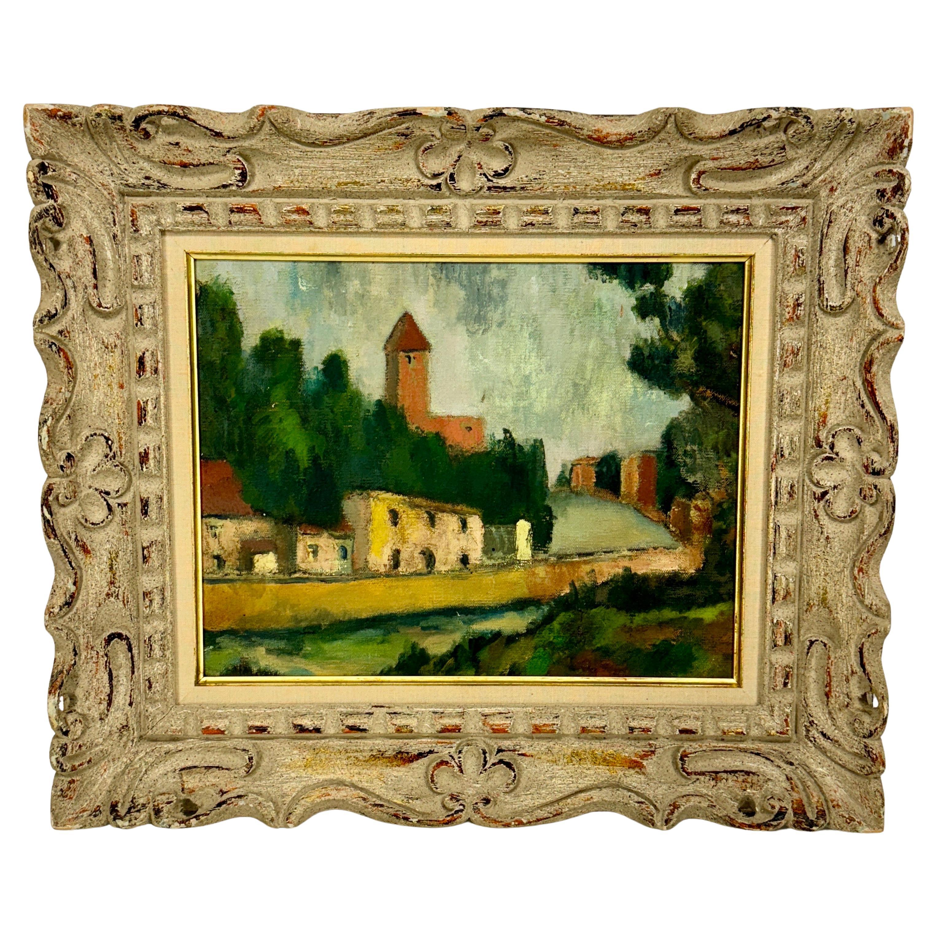 Framed Village Landscape with Houses, 1920's France

A beautiful Parisian painting on canvas depicting a peaceful village landscape with a row of houses on a street featuring a scene along the Seine River. The painting is contained in a carved wood
