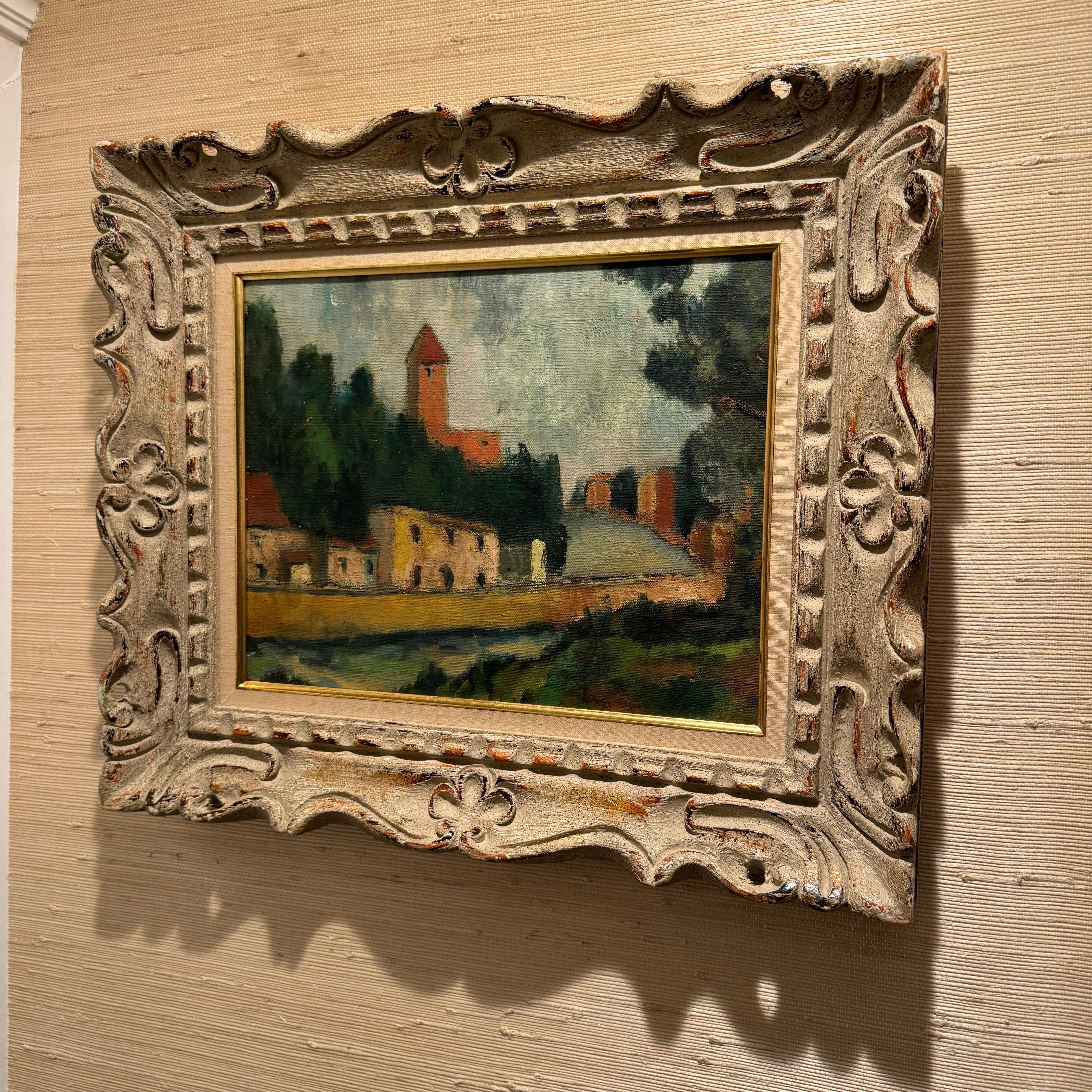 French Provincial Early 20th Century French Village Landscape Oil Painting  For Sale
