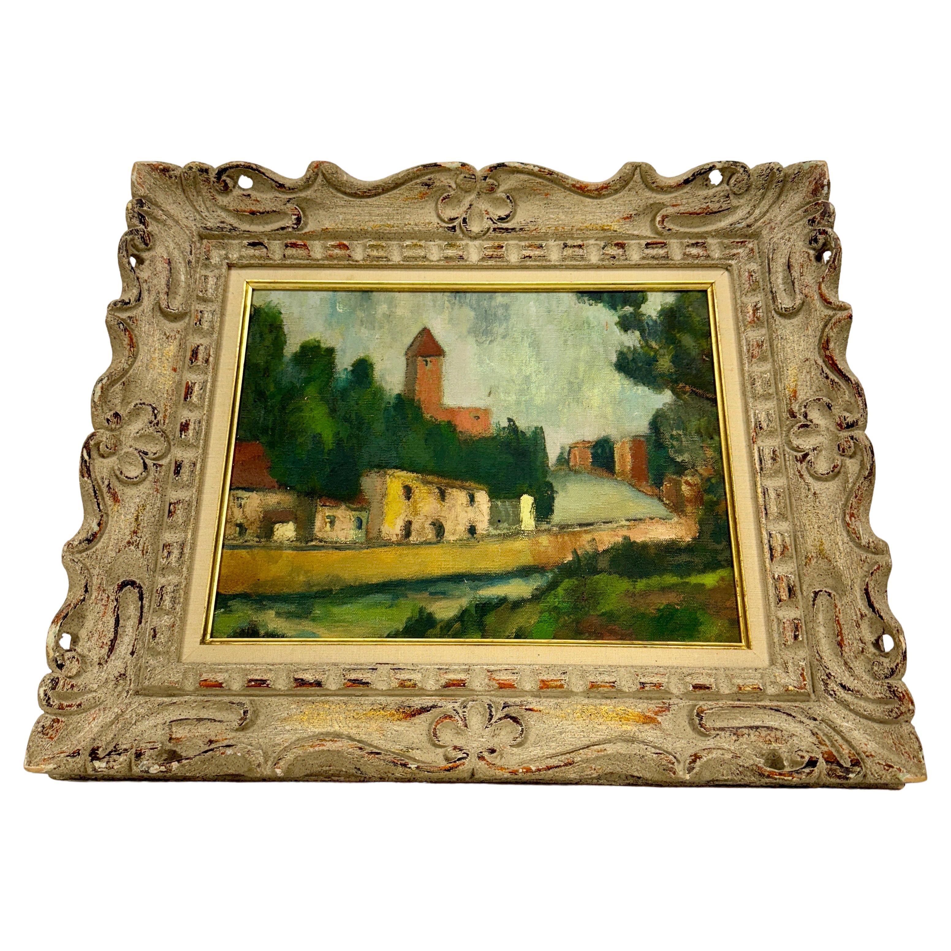 Hand-Painted Early 20th Century French Village Landscape Oil Painting  For Sale