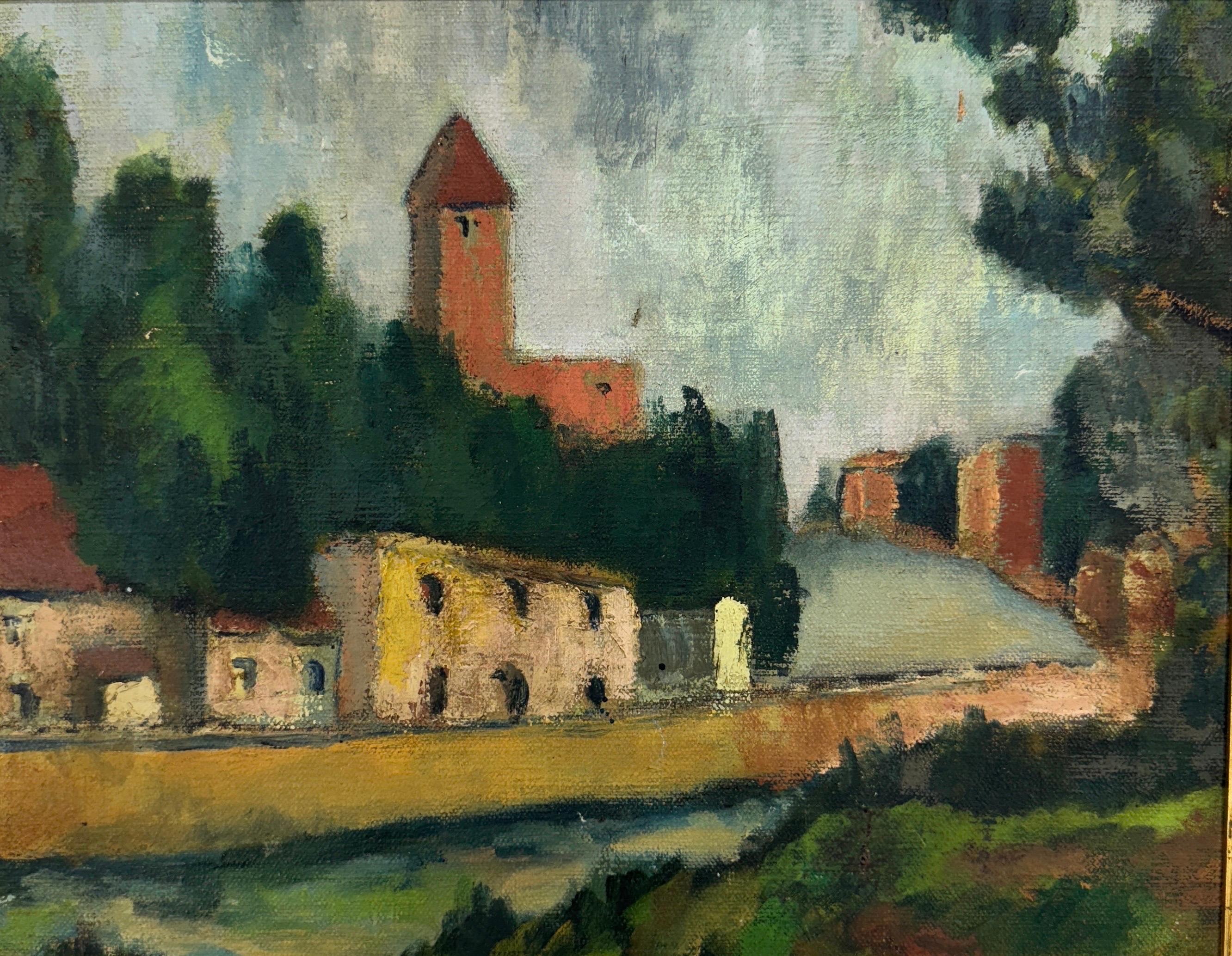 Toile Peinture à l'huile d'un paysage de village français du début du 20e siècle  en vente