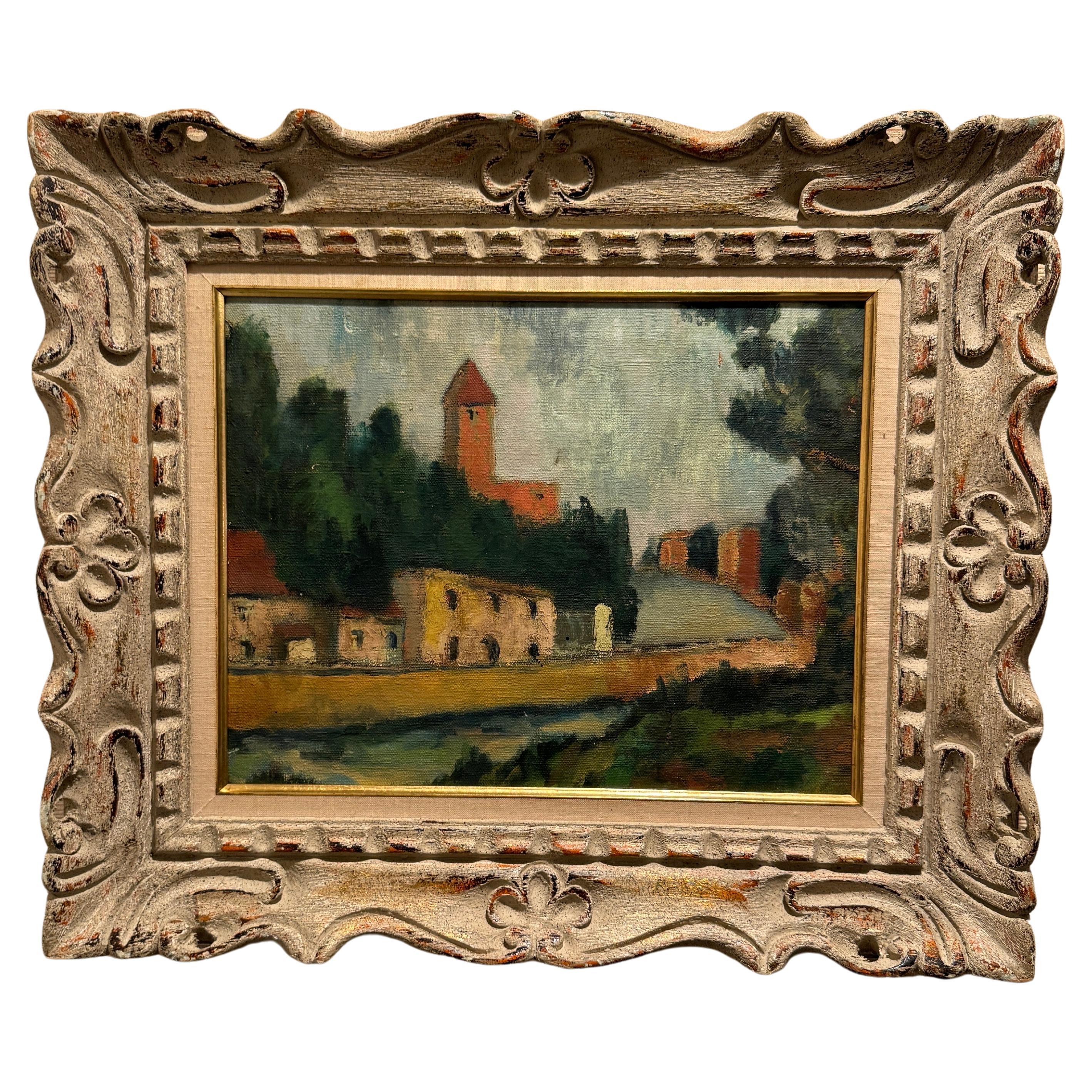 Peinture à l'huile d'un paysage de village français du début du 20e siècle  en vente