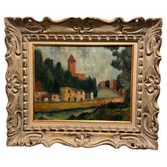 Peinture à l'huile d'un paysage de village français du début du 20e siècle 