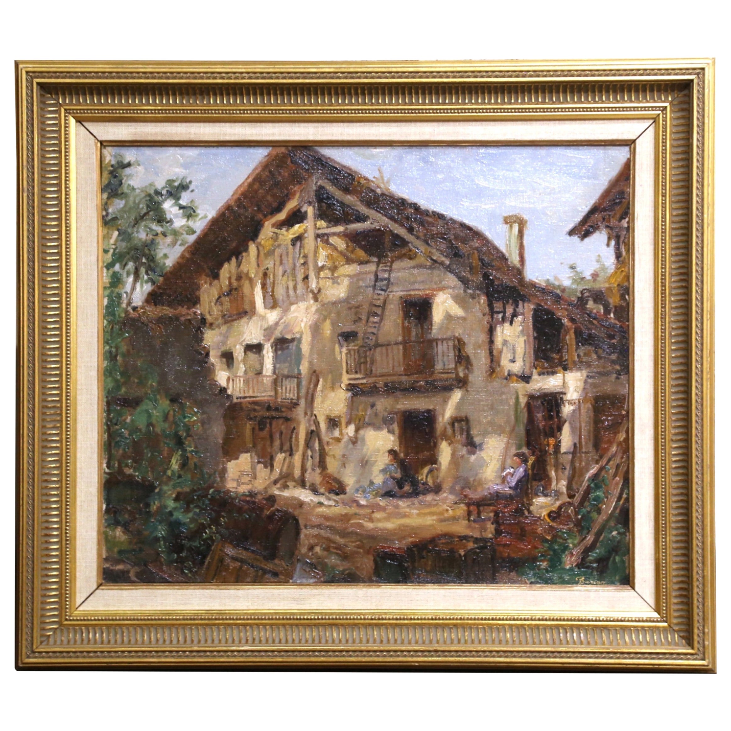 Early 20th Century French Village Oil Painting by Paul Joseph Barian For Sale