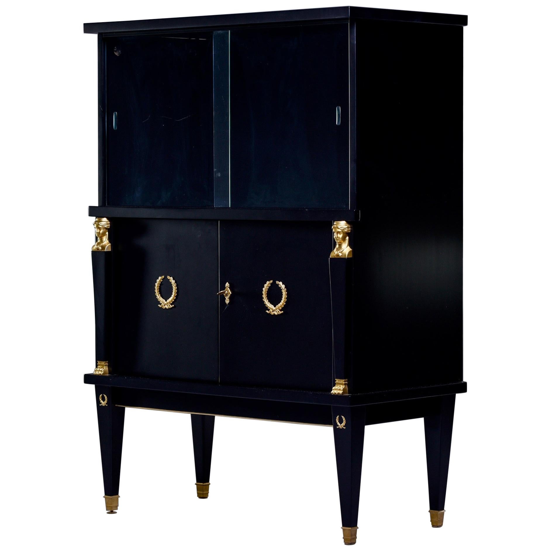 Early 20th Century French Vitrine or Dry Bar with Ebonized Finish and Brass Trim For Sale