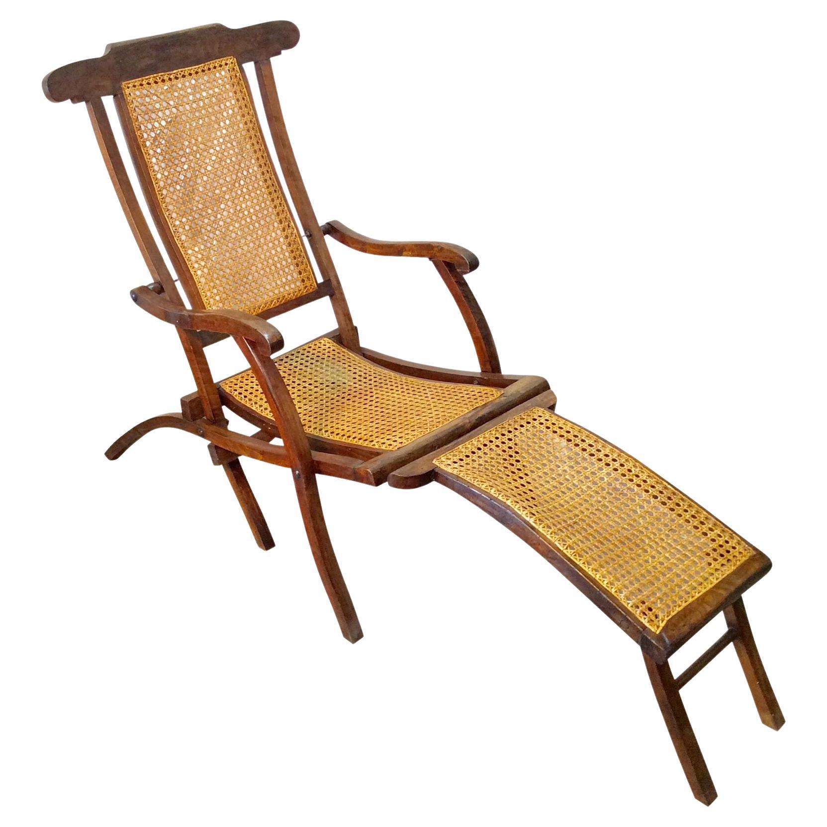 Early 20th Century French Walnut and Cane Steamer Deck Chair