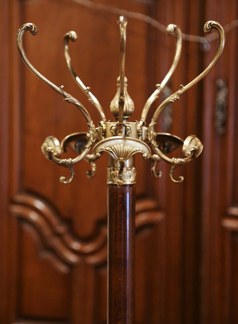 Early 20th Century French Walnut and Gilt Brass Standing Hall Tree For