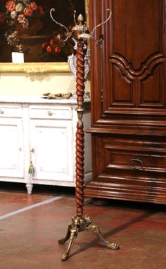 Early 20th Century French Walnut Barley Twist and Gilt Brass Standing Hall Tree