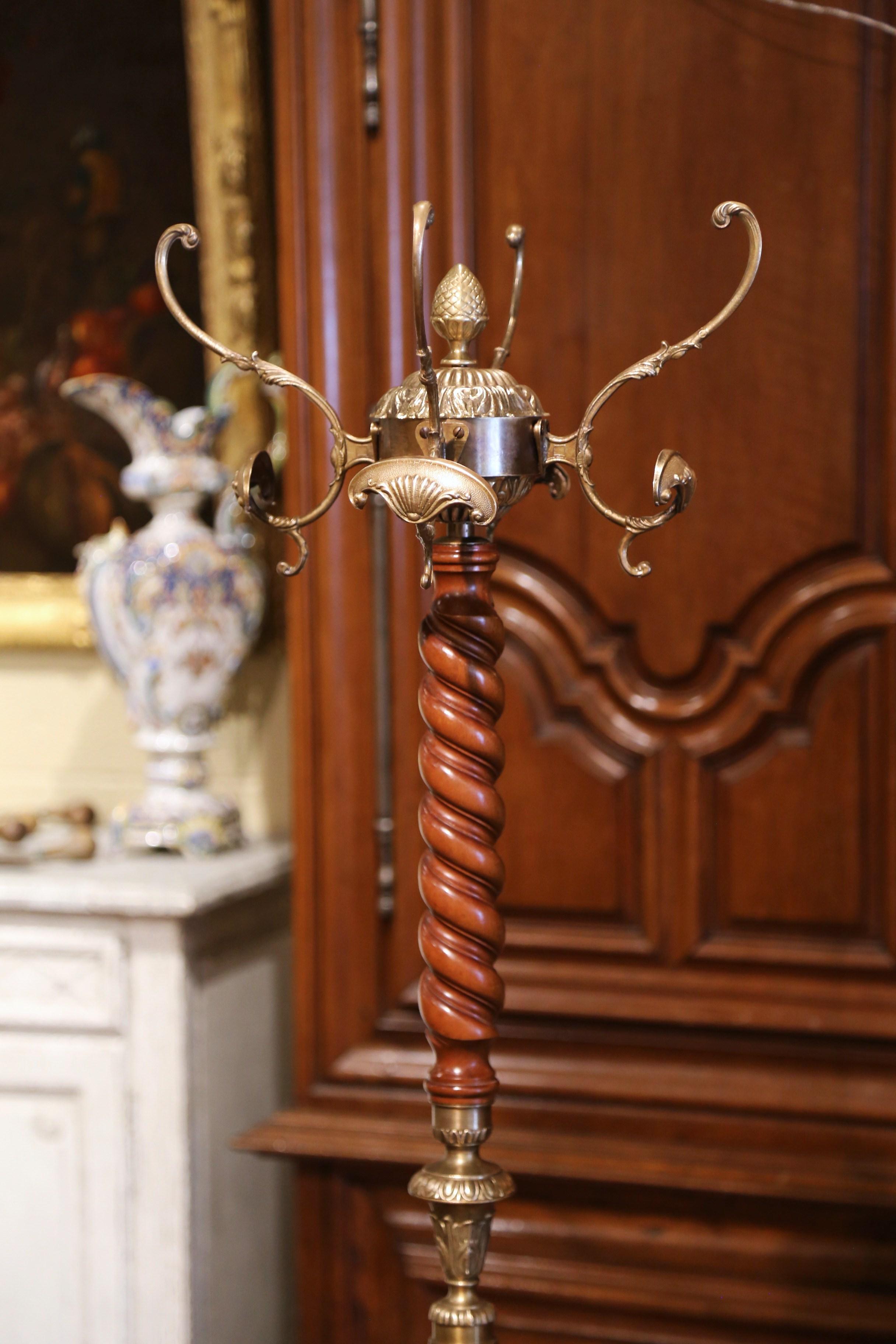 Art Deco Early 20th Century French Walnut Barley Twist and Gilt Brass Standing Hall Tree