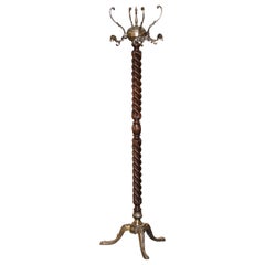 Antique Early 20th Century French Walnut Barley Twist and Gilt Brass Standing Hall Tree