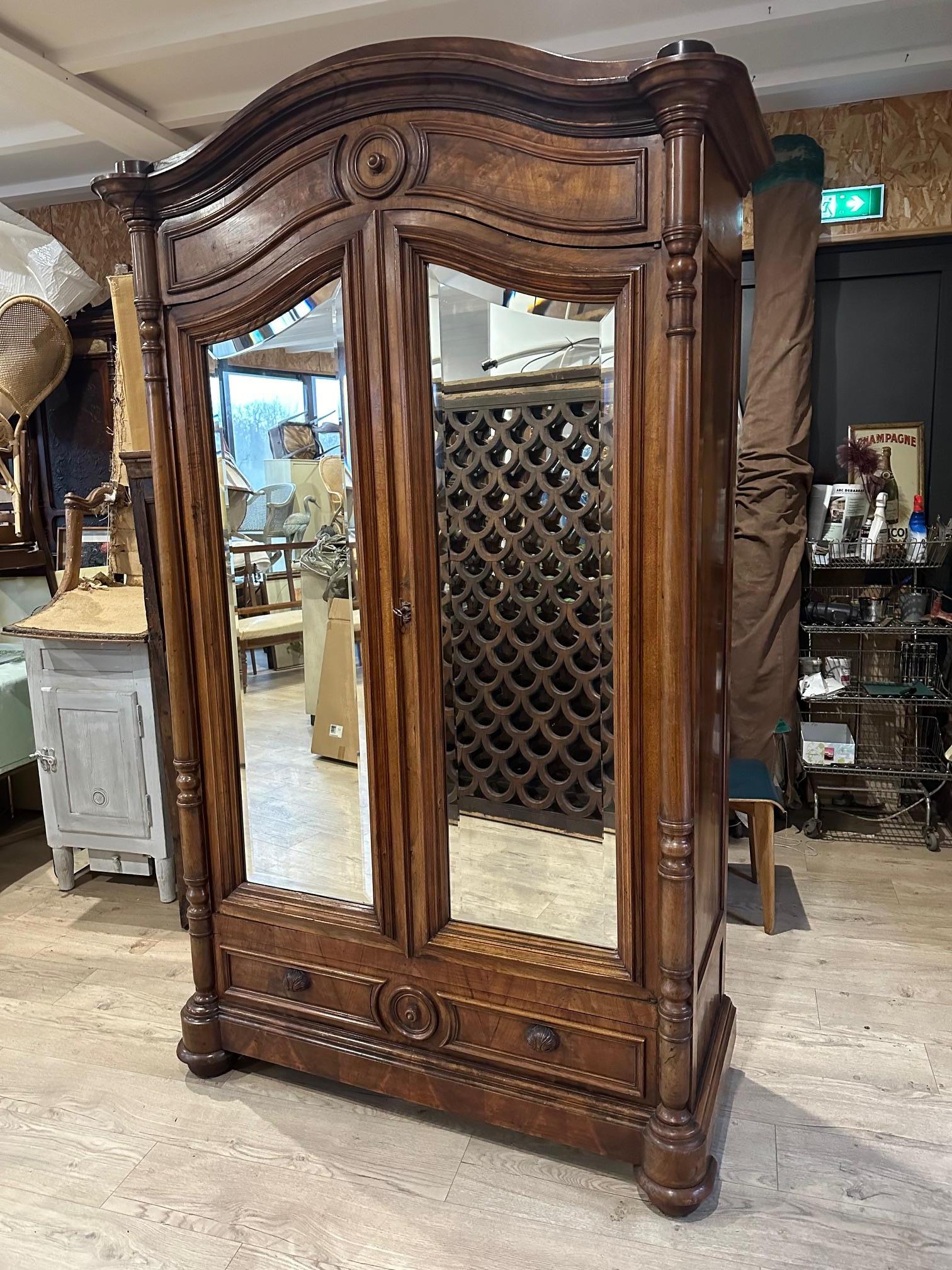 Early 20th century French Walnut Cupboard with Mirror, 1900s In Good Condition For Sale In LEGNY, FR