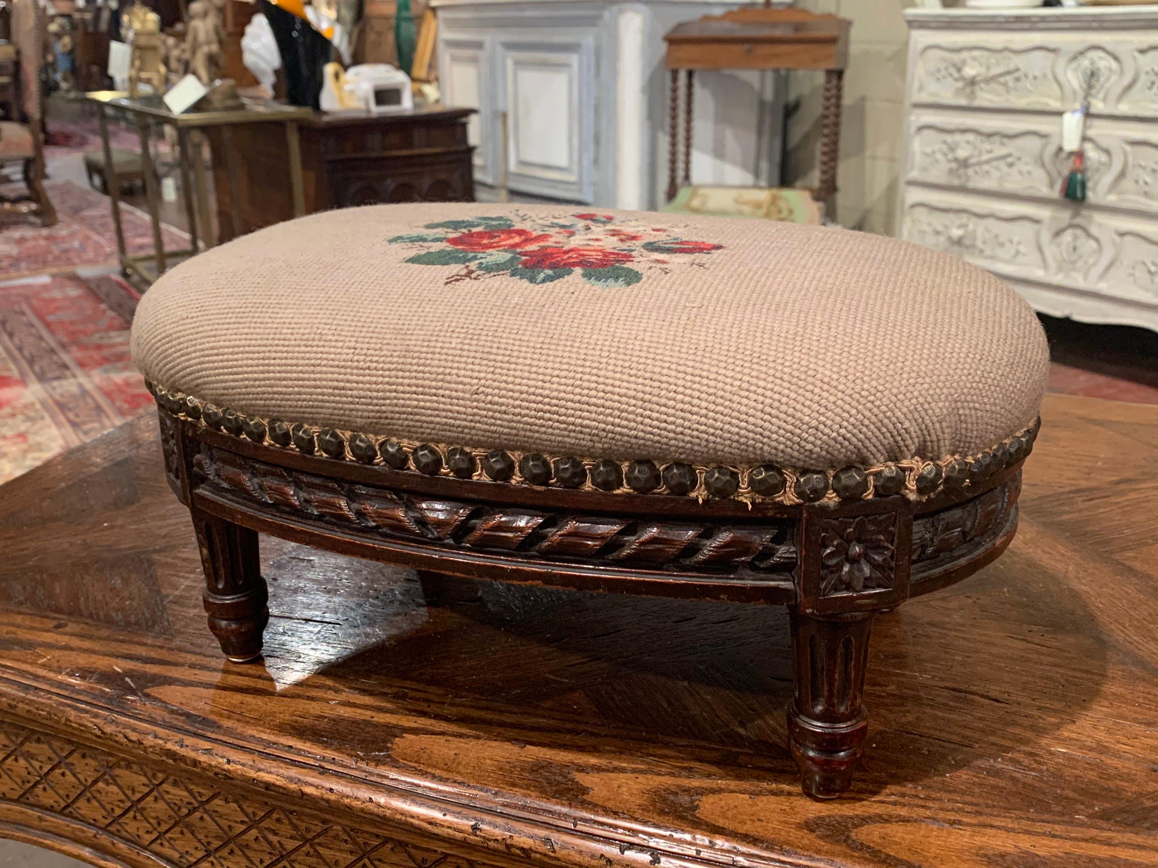 Hand-Woven Early 20th Century French Walnut Footstool with Antique Needlepoint Tapestry