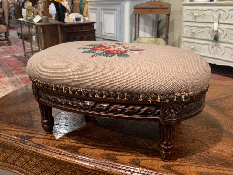 Early 20th Century French Walnut Footstool with Antique Needlepoint ...