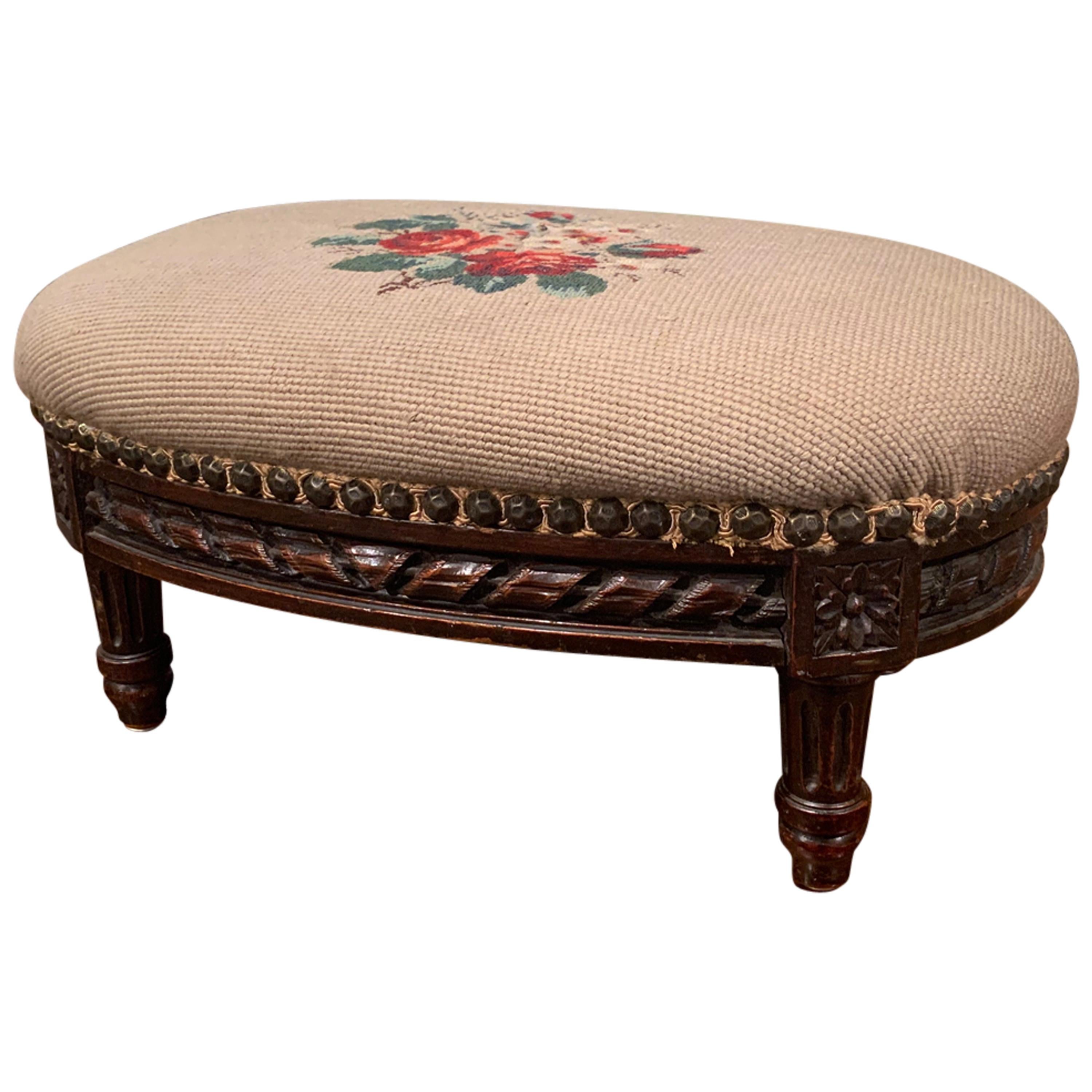 Early 20th Century French Walnut Footstool with Antique Needlepoint Tapestry