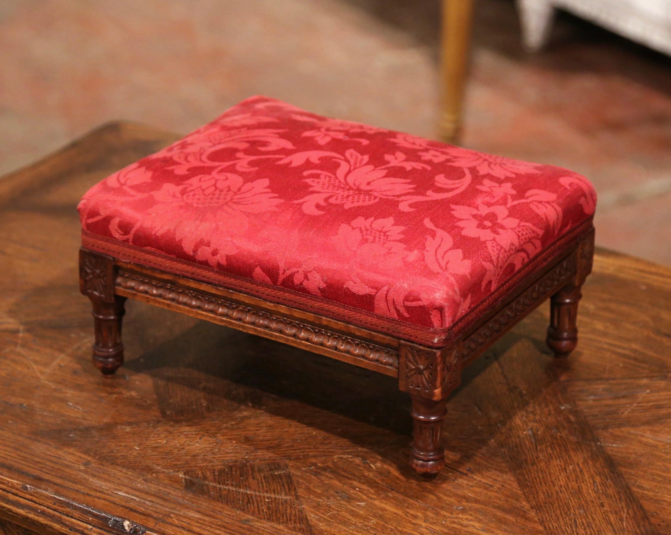 Louis XVI Early 20th Century French Walnut Footstool with Floral Silk Fabric