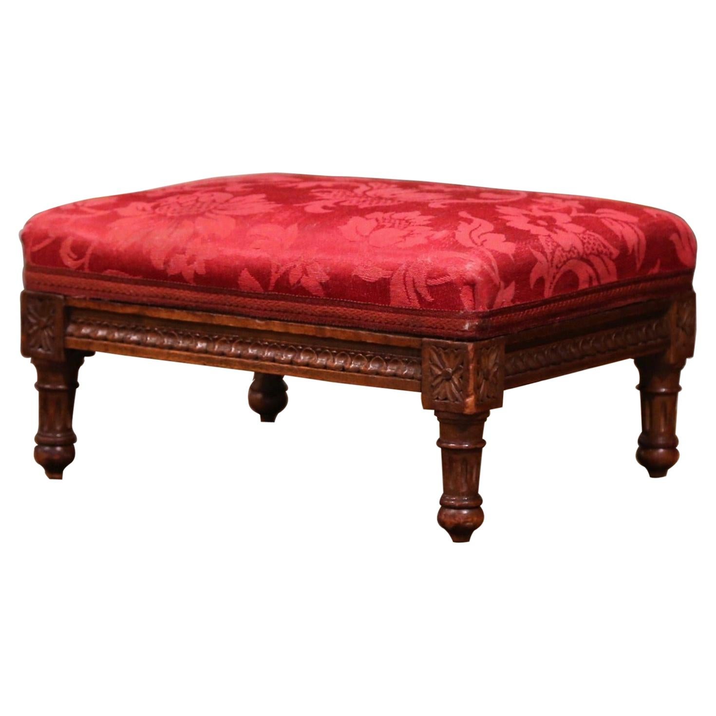 Early 20th Century French Walnut Footstool with Floral Silk Fabric