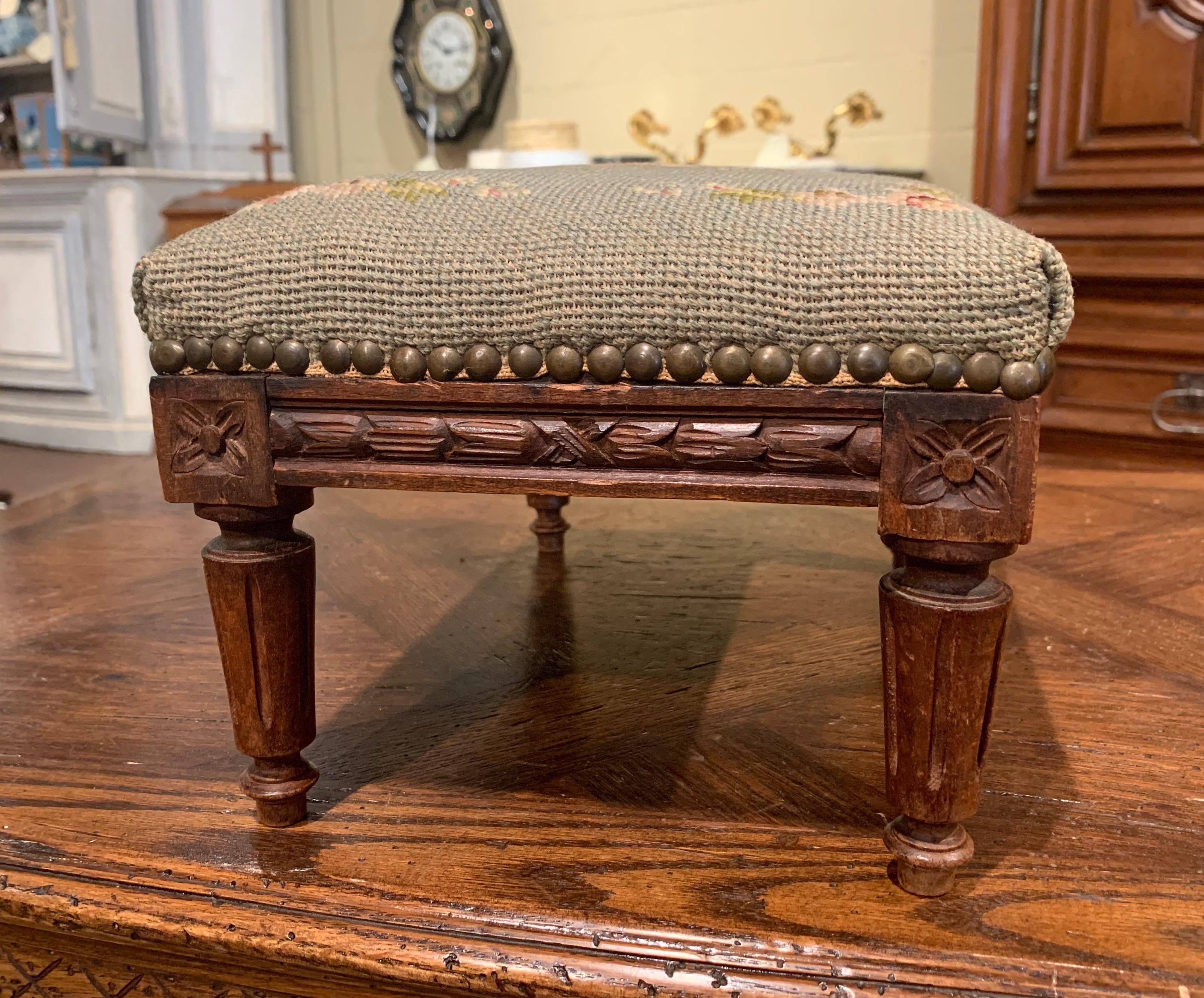 Louis XVI Early 20th Century French Walnut Footstool with Needlepoint Tapestry