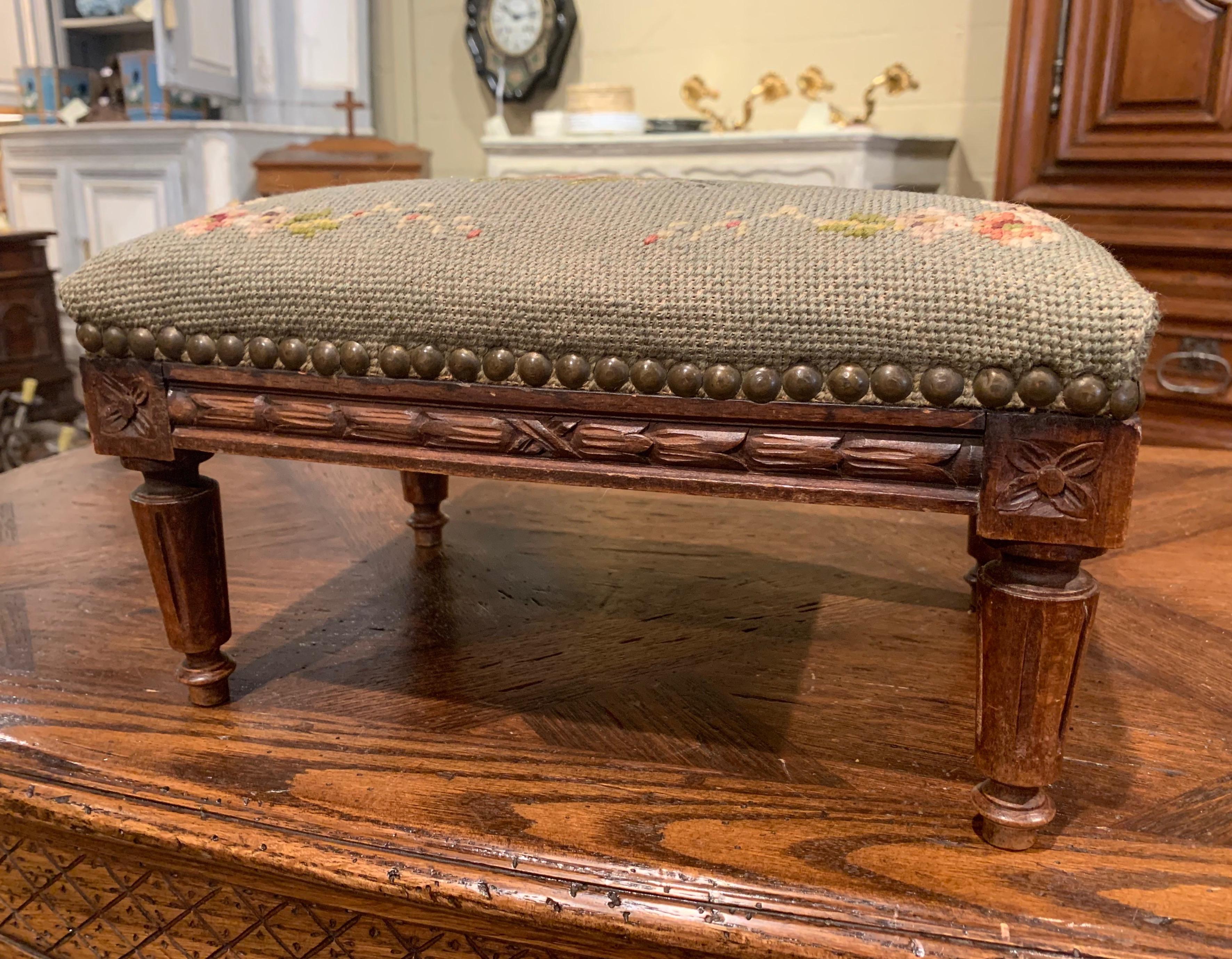 Patinated Early 20th Century French Walnut Footstool with Needlepoint Tapestry