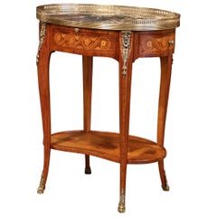 Antique Early 20th Century French Walnut Marquetry and Bronze Gueridon with Marble Top