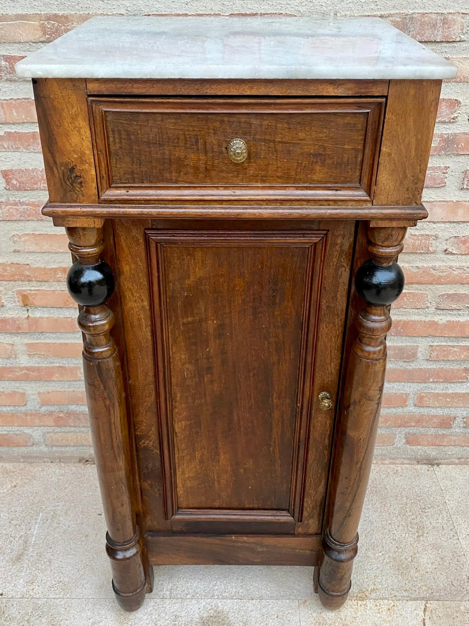 Pair of Early 20Th Century French Walnut Nightstands with One Drawer and Marble Top, 1920’s.