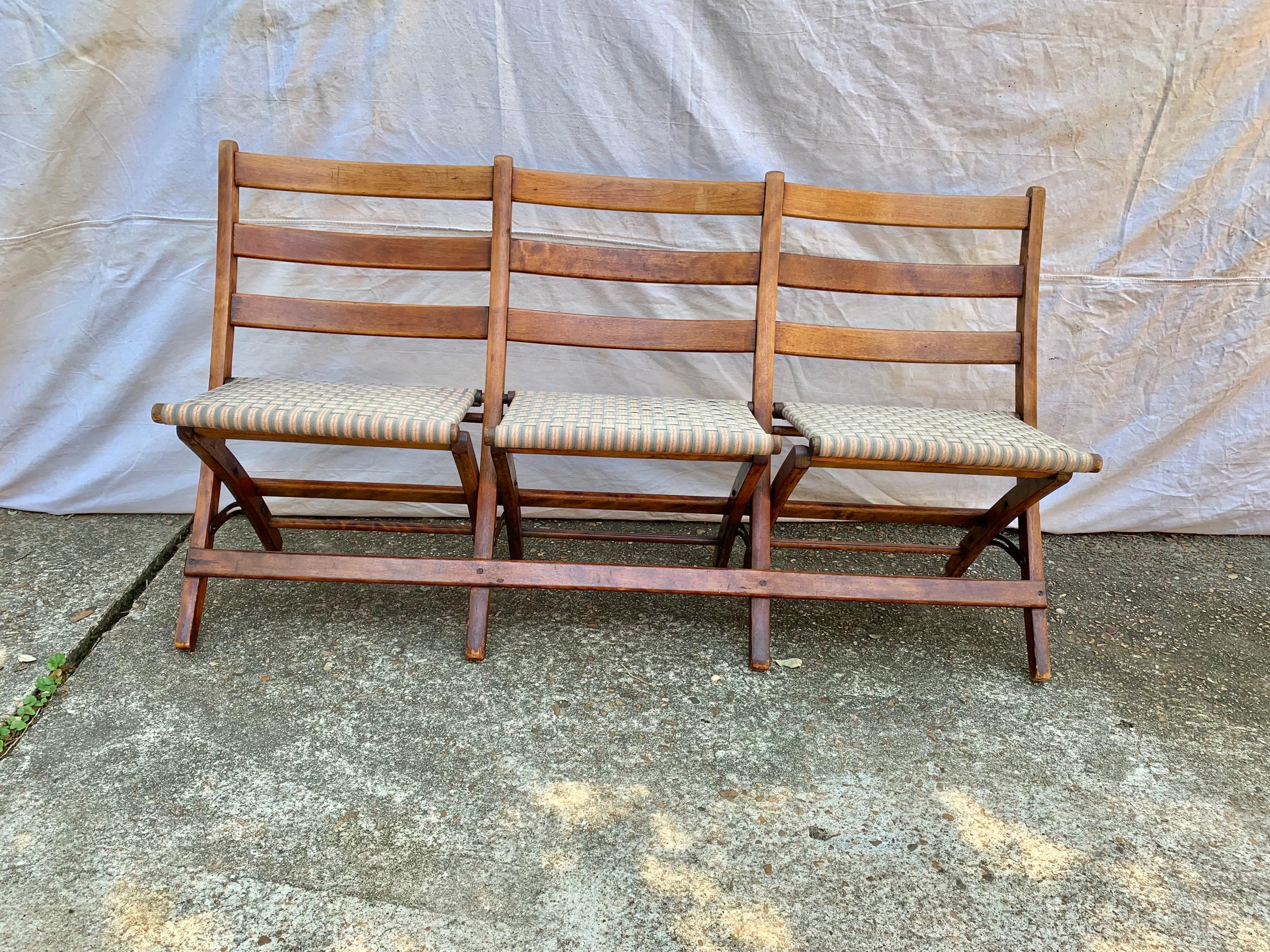 Hand-Crafted Early 20th Century French Walnut Three Seat Folding Bench For Sale