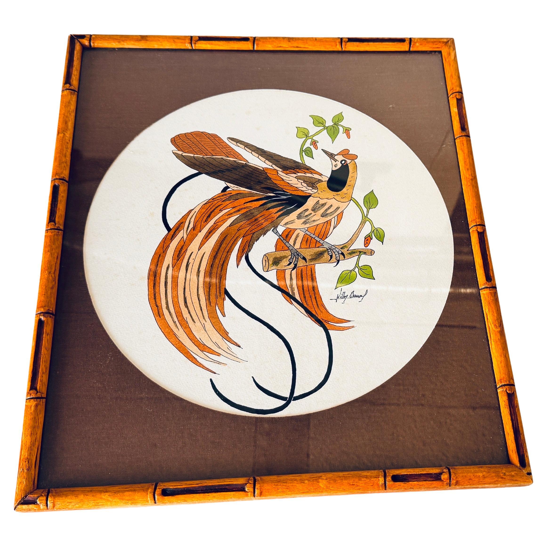 French Provincial Early 20th-Century French Watercolor of a Bird, Signed, in a Wood Frame For Sale