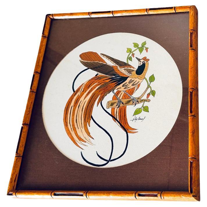 Early 20th-Century French Watercolor of a Bird, Signed, in a Wood Frame