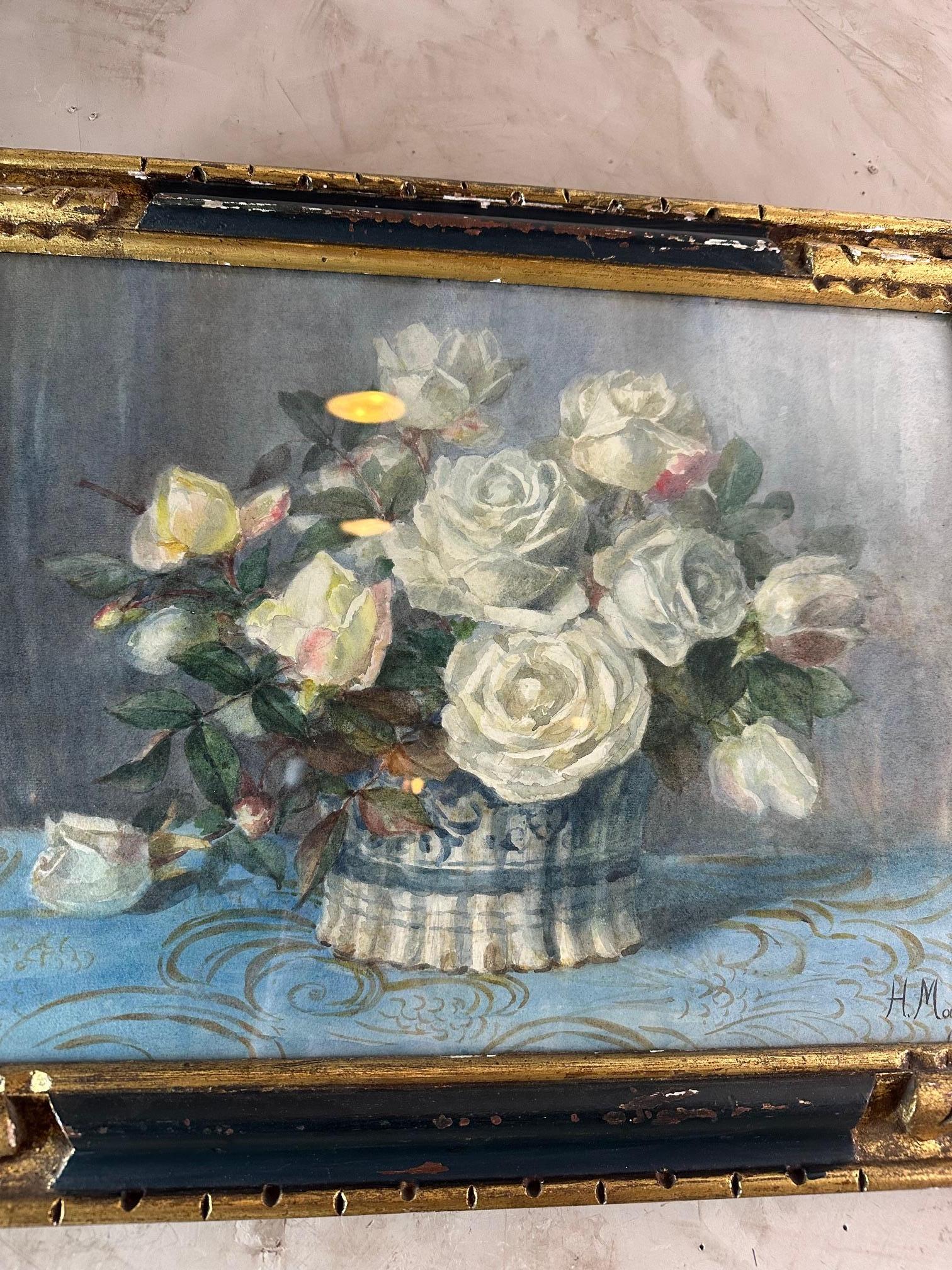 Glass Early 20th century French Watercolor Painting Signed H.Magné, 1925s For Sale