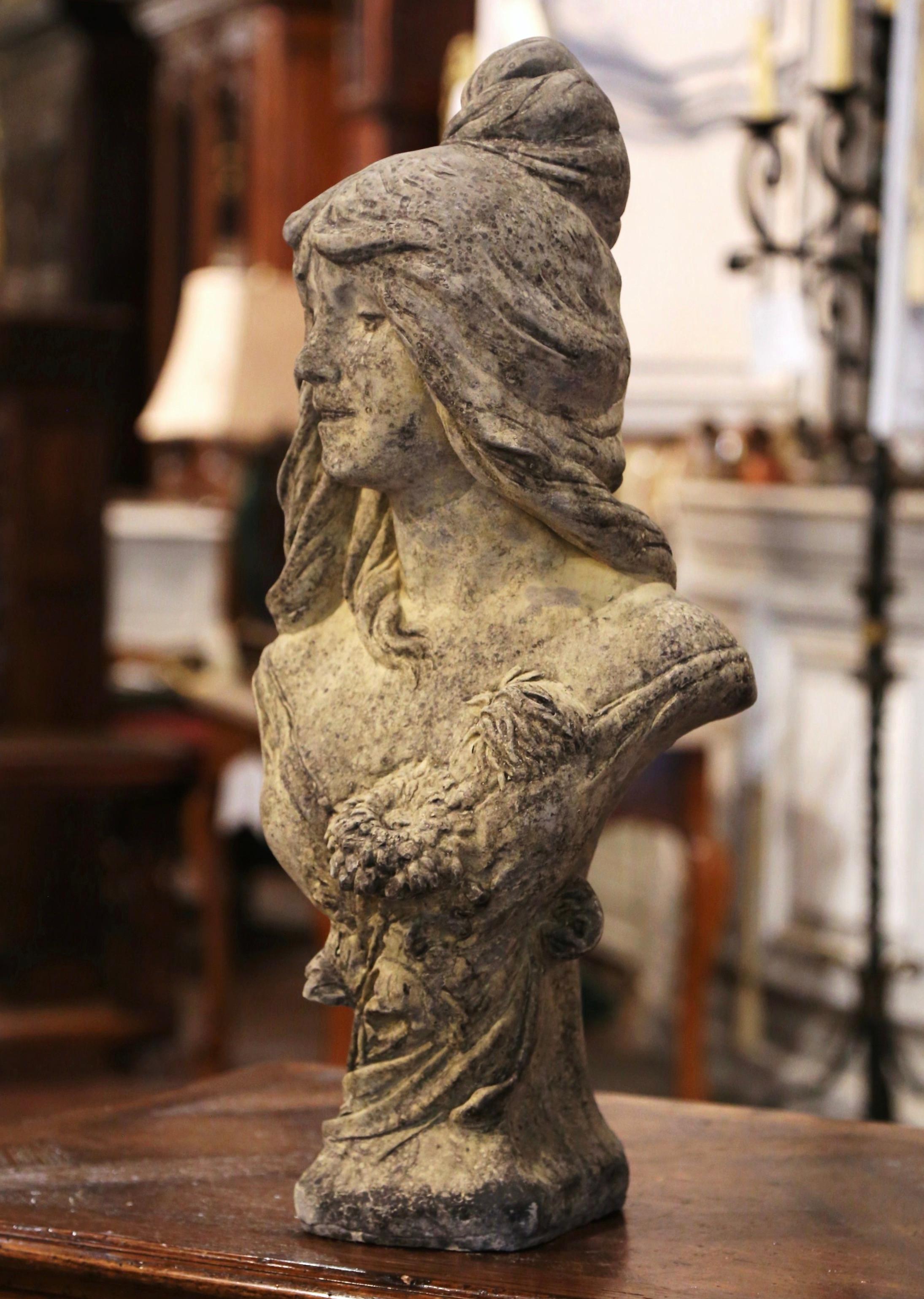 Early 20th Century French Weathered Cast Stone Garden Statuary Female Bust In Excellent Condition In Dallas, TX