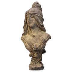 Early 20th Century French Weathered Cast Stone Garden Statuary Female Bust