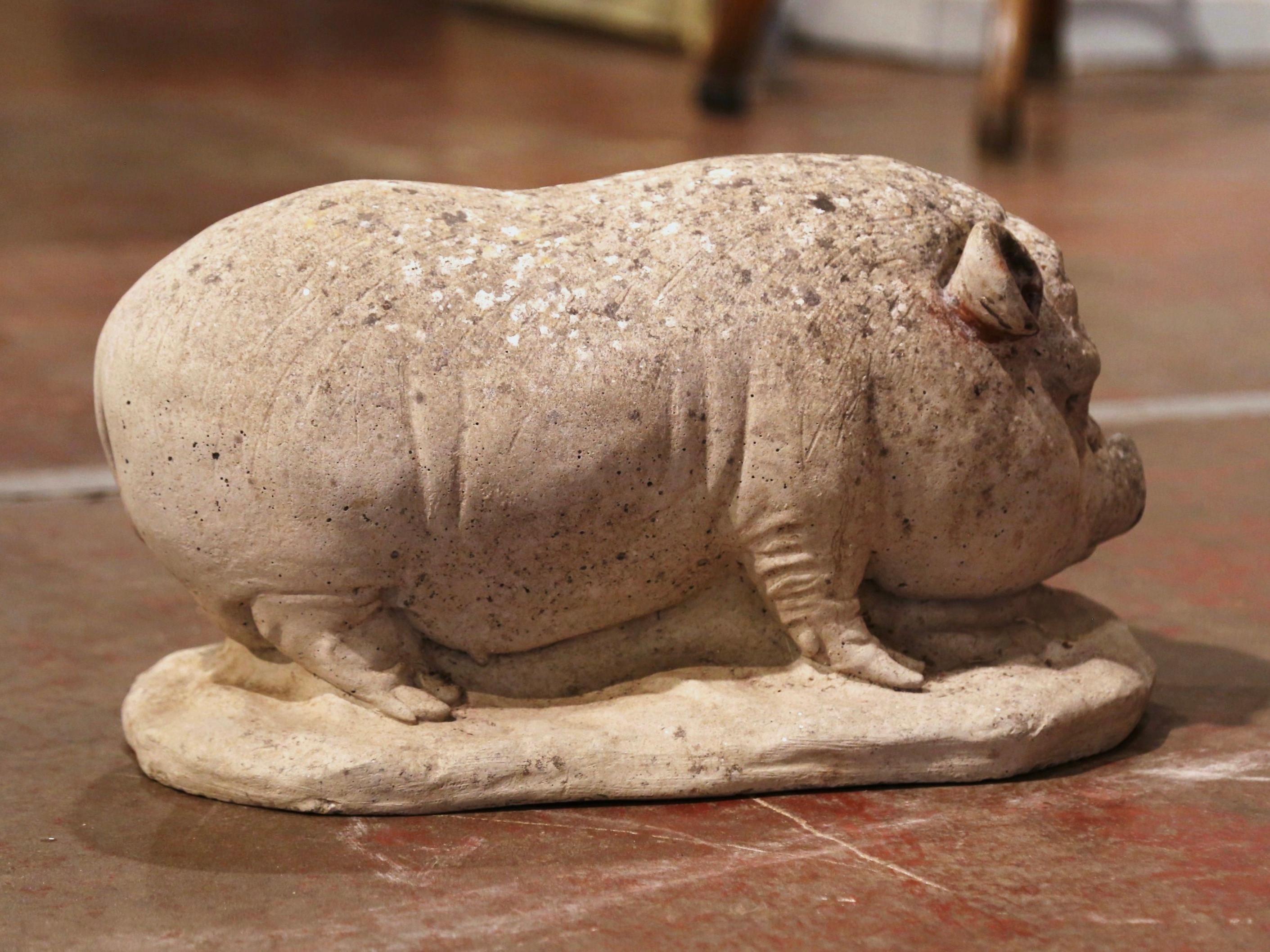 Early 20th Century French Weathered Concrete Garden Pig Sculpture In Excellent Condition For Sale In Dallas, TX