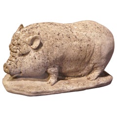 Early 20th Century French Weathered Concrete Garden Pig Sculpture