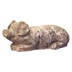 Early 20th Century French Weathered Concrete Garden Pig Sculpture