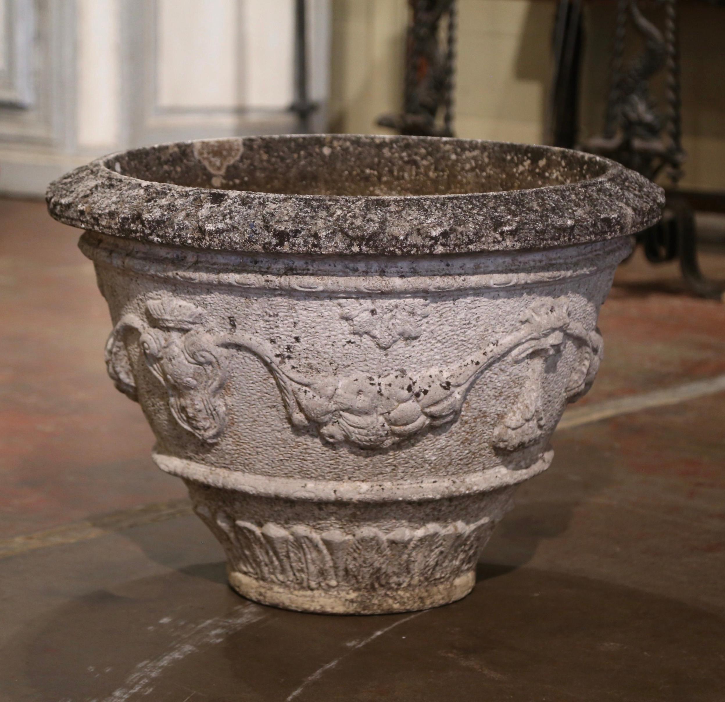 Hand-Crafted Early 20th Century French Weathered Concrete Outdoor Garden Planter Jardinière For Sale