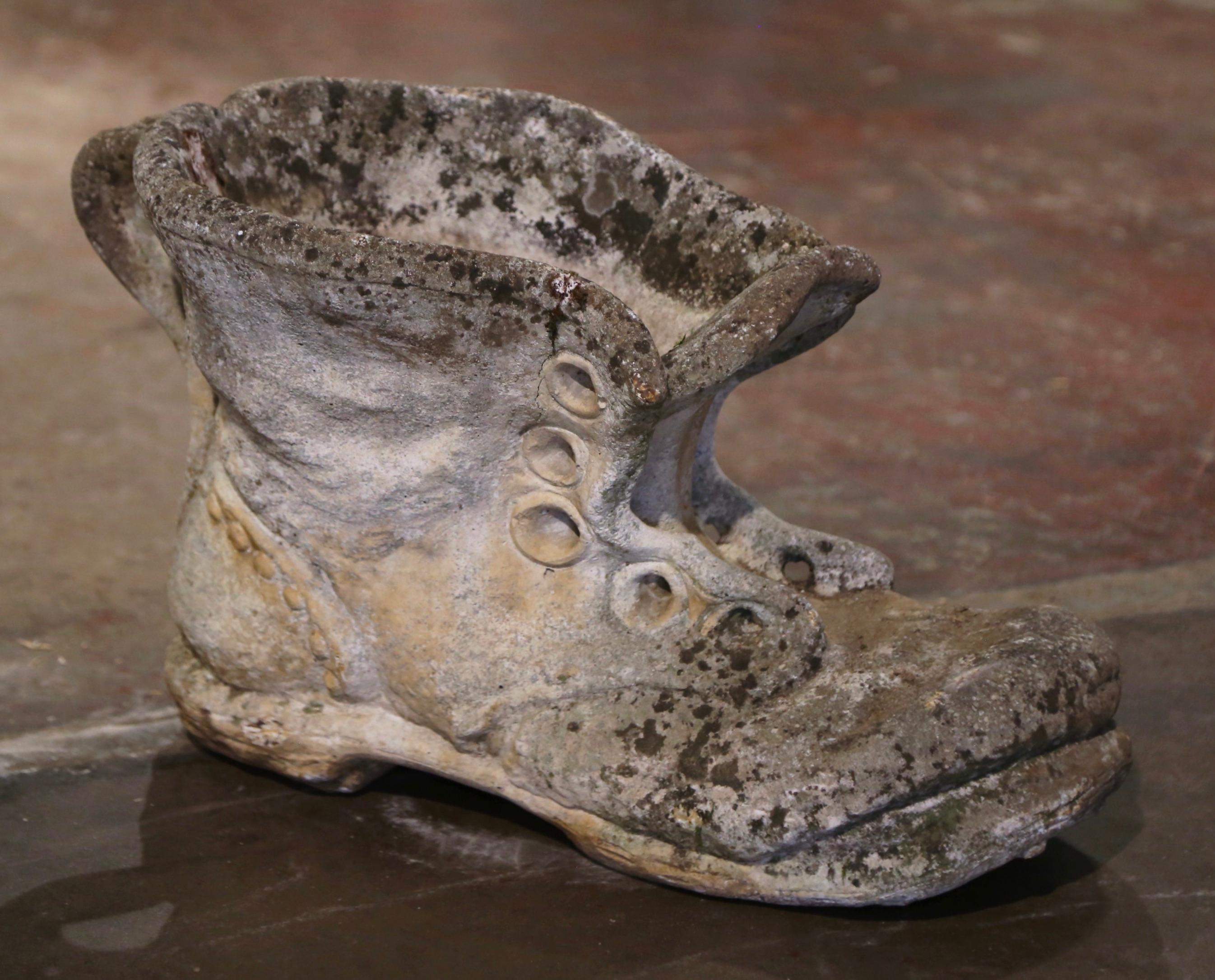 Hand-Crafted Early 20th Century French Weathered Stone Outdoor Garden Boot Planter Jardinière