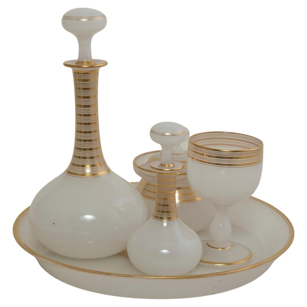 Early 20th Century French White Opaline 5-Piece Vanity Set with Gold Detailing